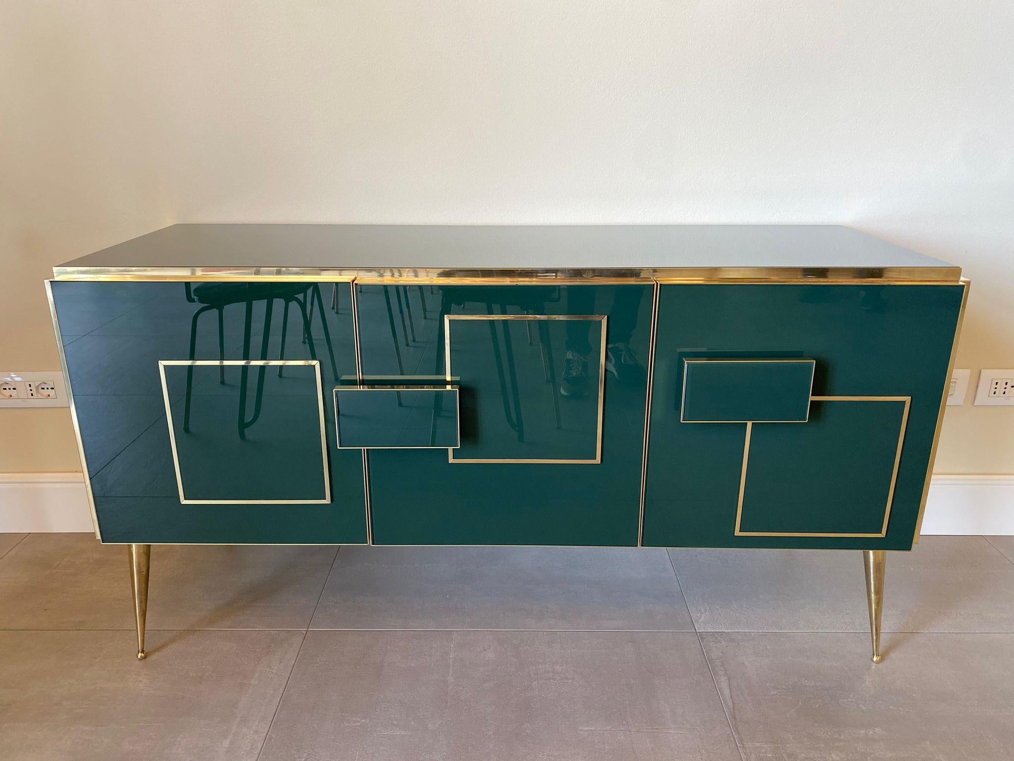 Hand-Crafted Italian Contemporary Green Murano Glass, Brass and Wood Sideboard For Sale