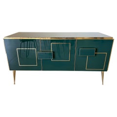 Italienisches zeitgenössisches Sideboard aus grünem Murano-Glas, Messing und Holz