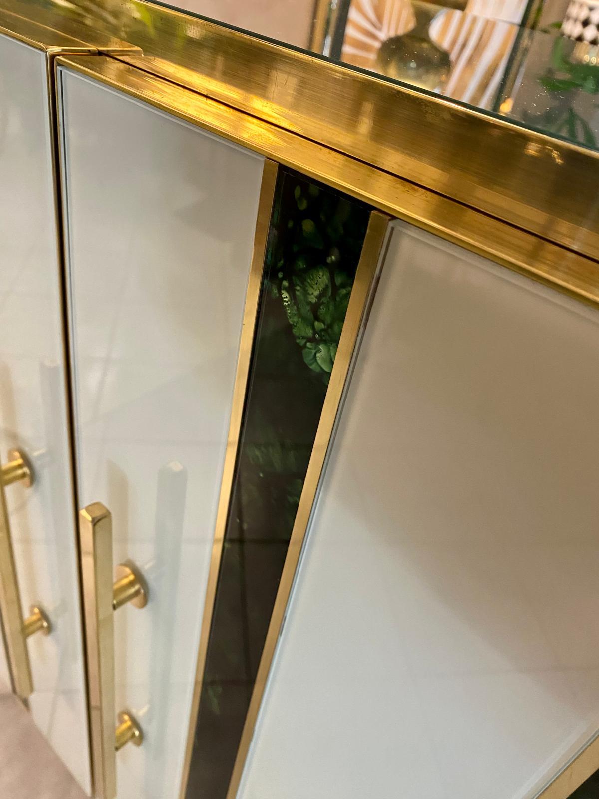 Italian Contemporary Green White Stripes Murano Glass, Brass and Wood Sideboard For Sale 5