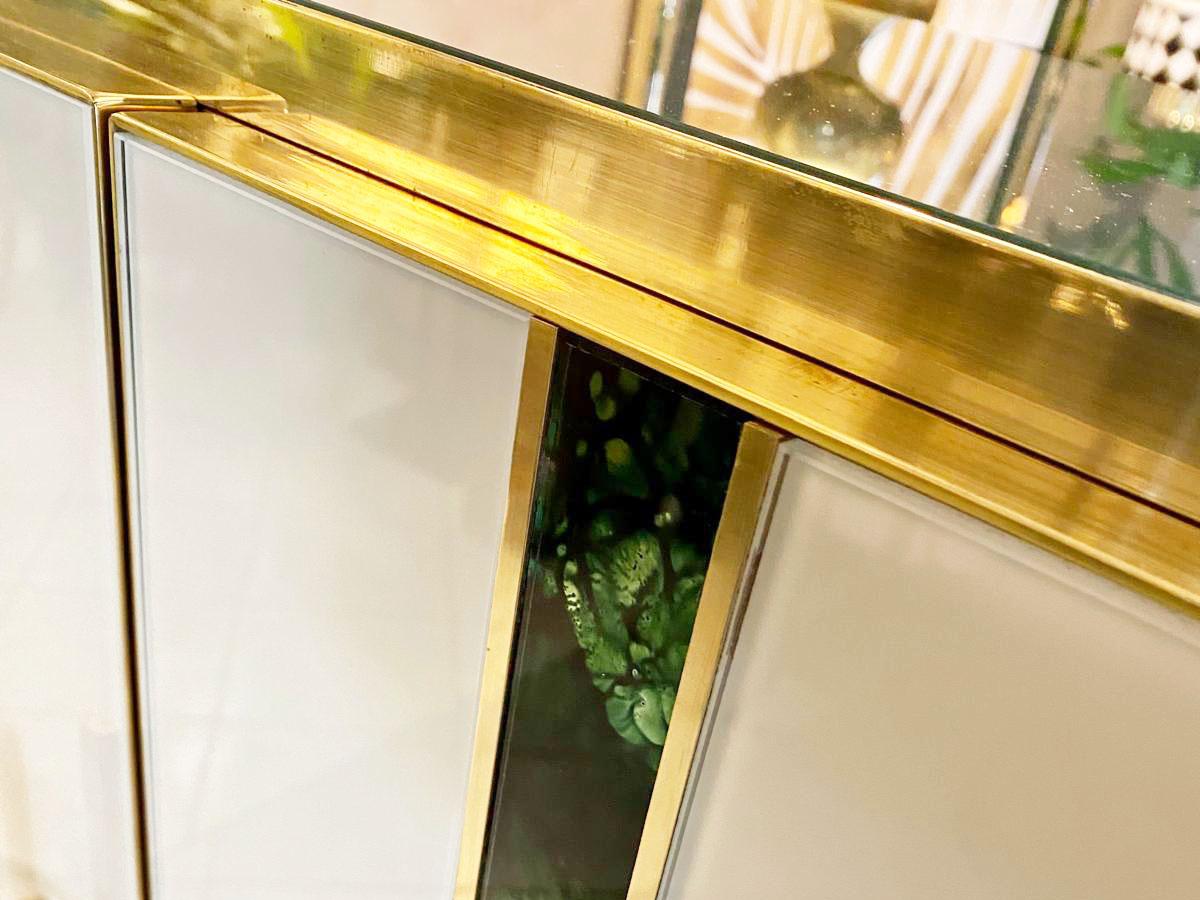 Italian Contemporary Green White Stripes Murano Glass, Brass and Wood Sideboard For Sale 6