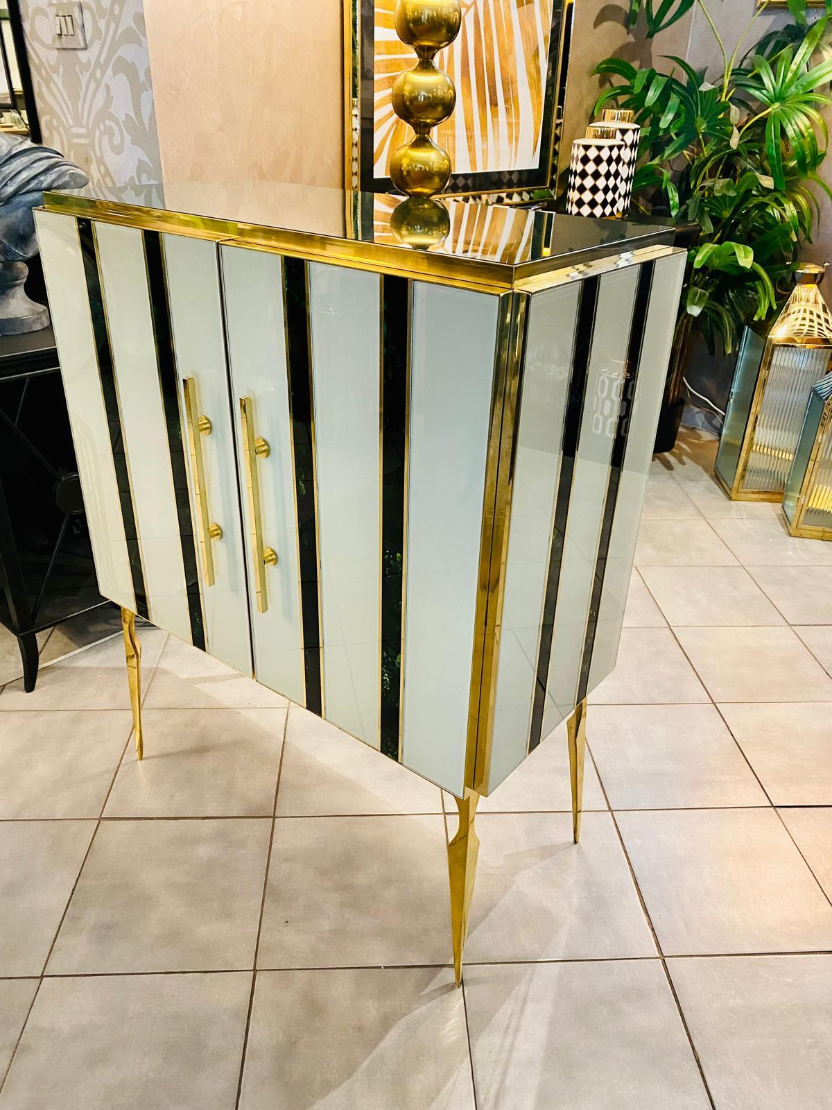 Modern Italian Contemporary Green White Stripes Murano Glass, Brass and Wood Sideboard For Sale