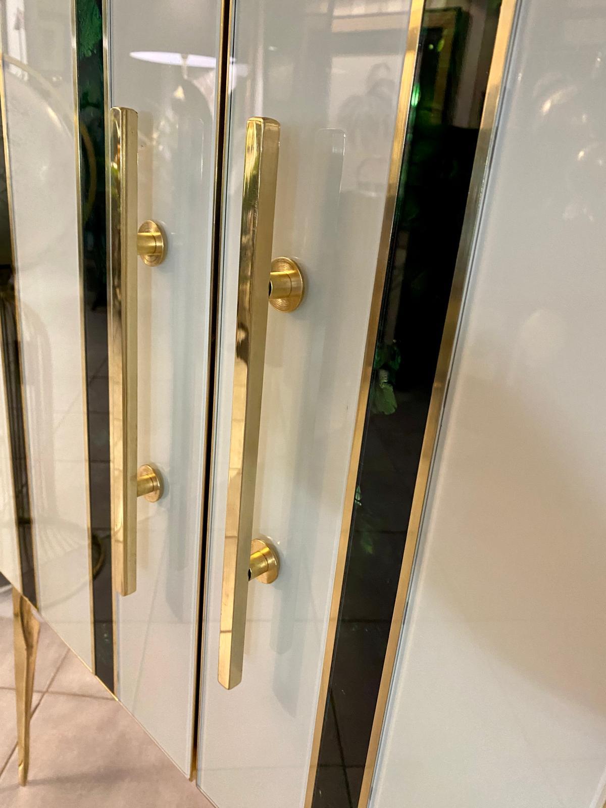 Italian Contemporary Green White Stripes Murano Glass, Brass and Wood Sideboard For Sale 3