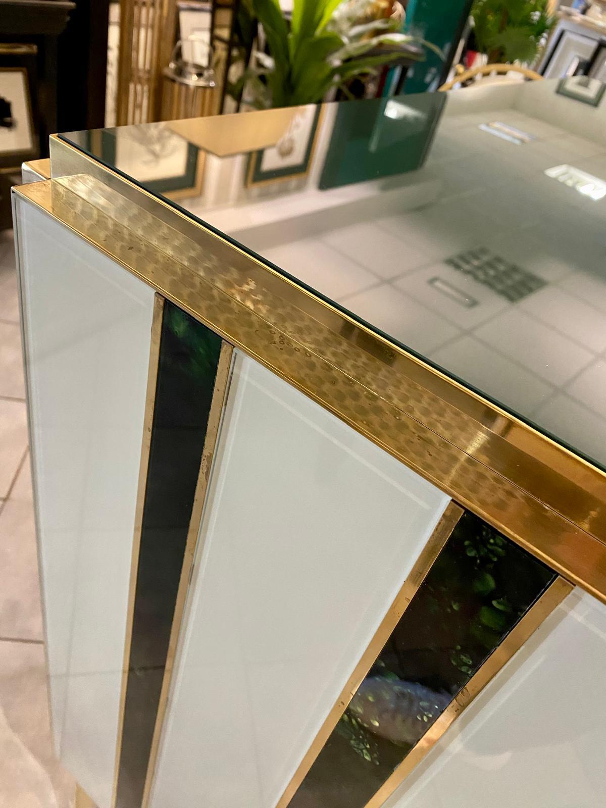 Italian Contemporary Green White Stripes Murano Glass, Brass and Wood Sideboard For Sale 4