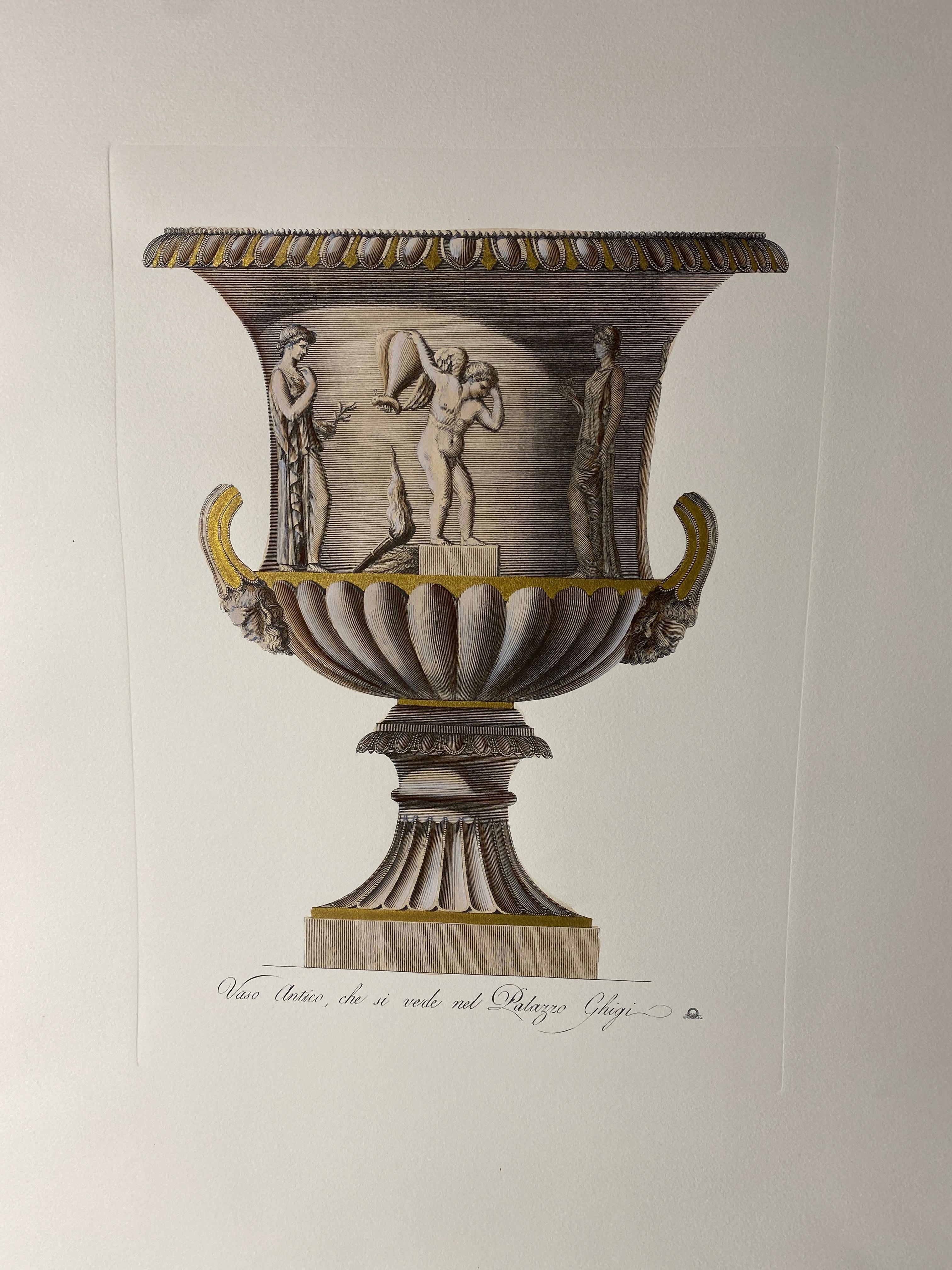 Beautiful print that is part of a series of four, representing an ancient Italian roman vase of Villa Ghigi. It is printed with an antique press and colored by our best local artistsans.
Completely handpainted with a cream wash, gold leaf