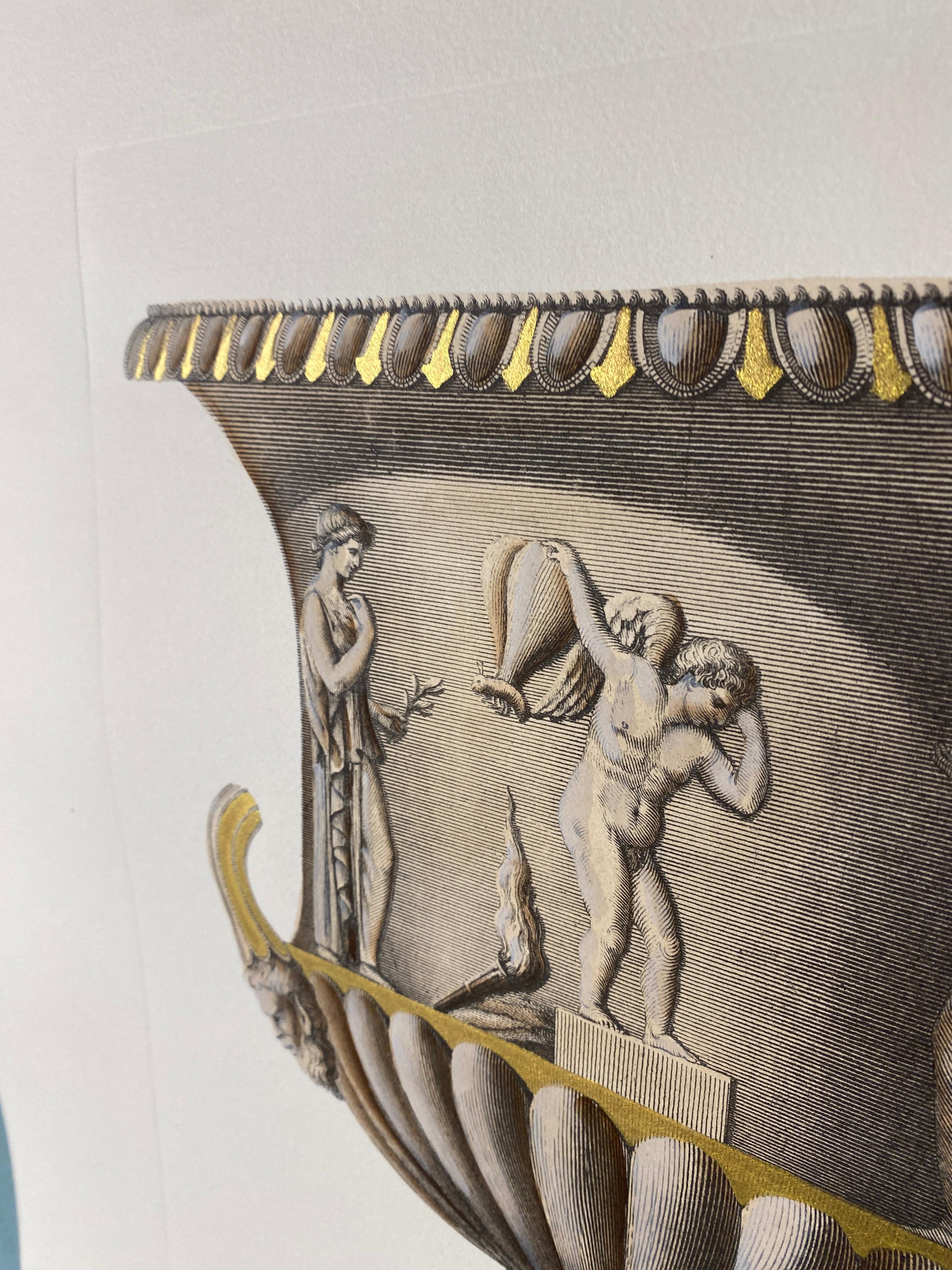 Hand-Painted Italian Contemporary Hand Colored Cream and Gold Antique Vase Print 1 of 4 For Sale