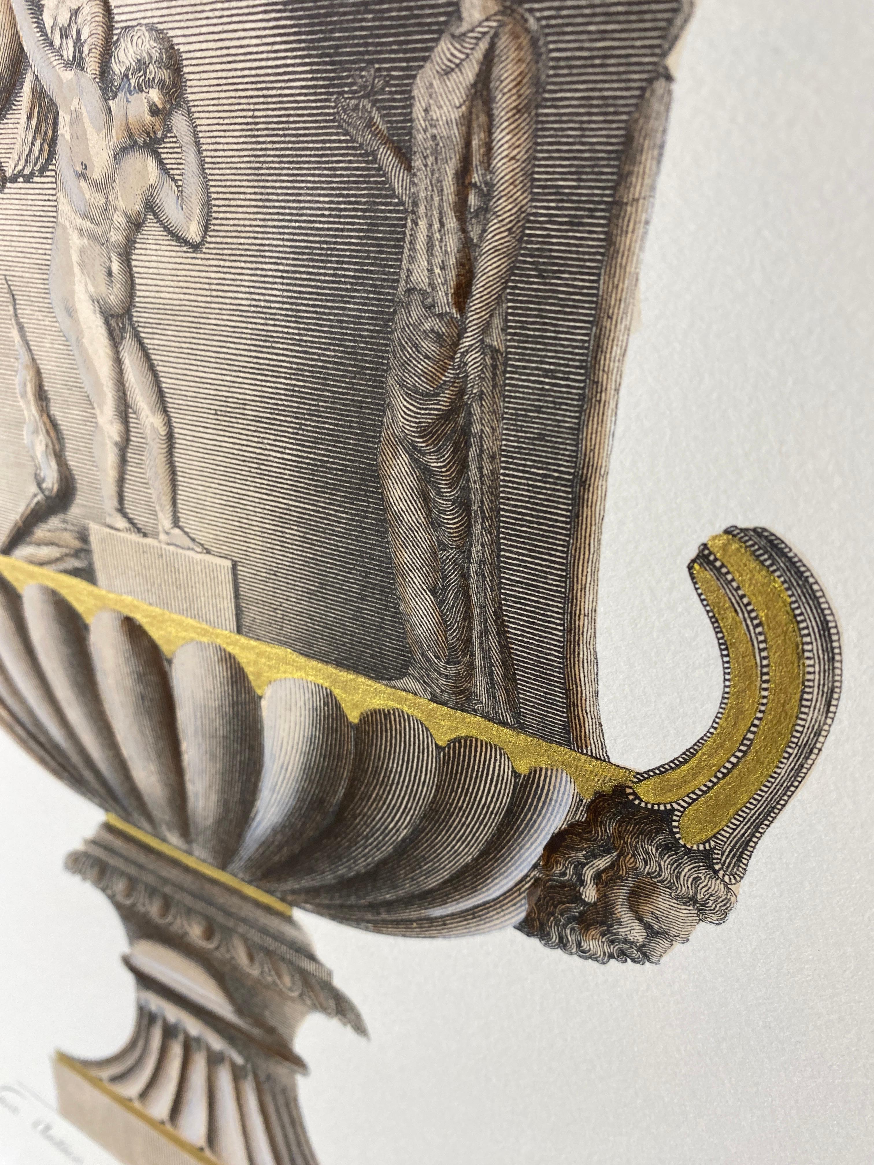 Paper Italian Contemporary Hand Colored Cream and Gold Antique Vase Print 1 of 4 For Sale