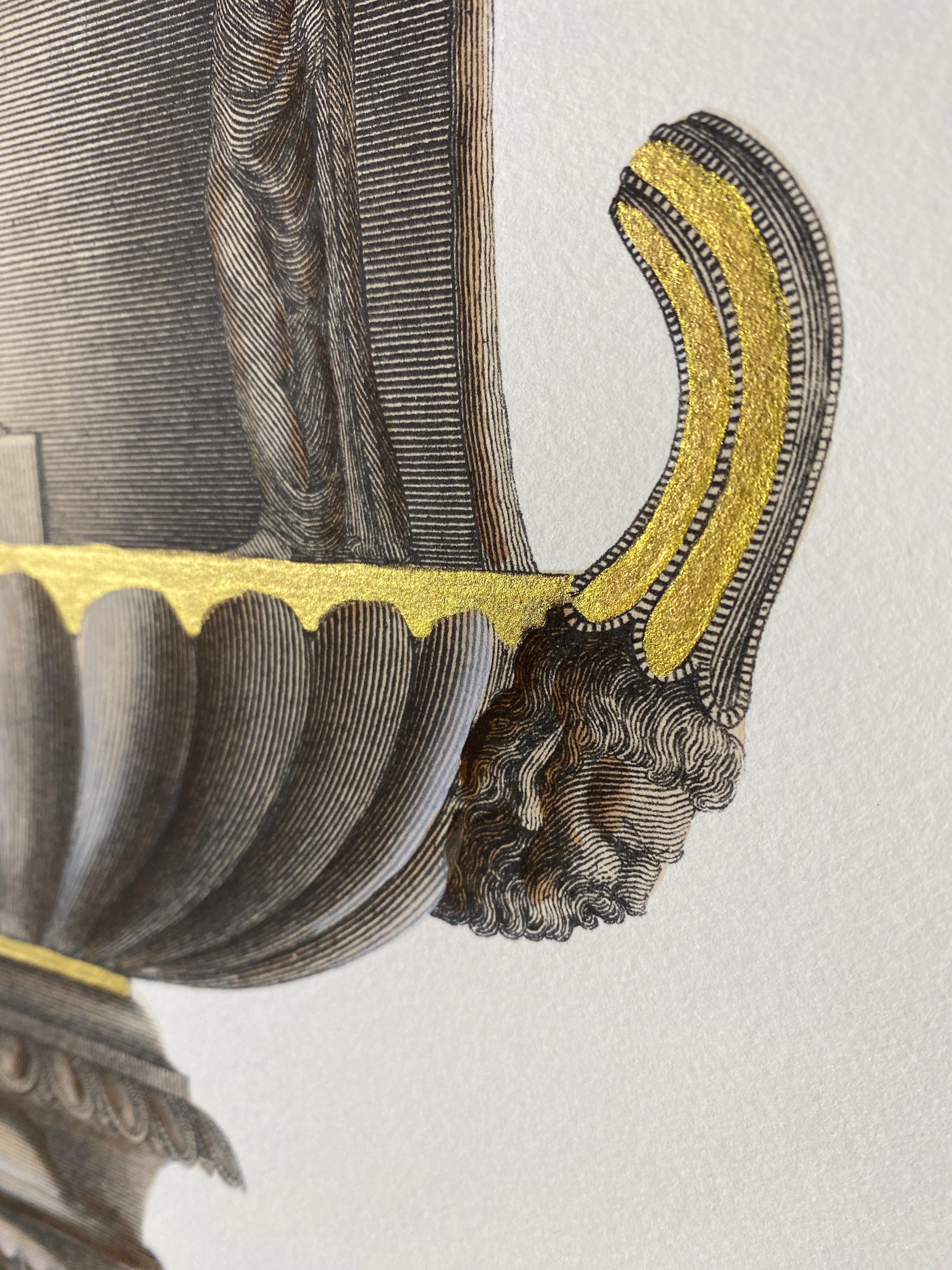 Italian Contemporary Hand Colored Cream and Gold Antique Vase Print 1 of 4 For Sale 1
