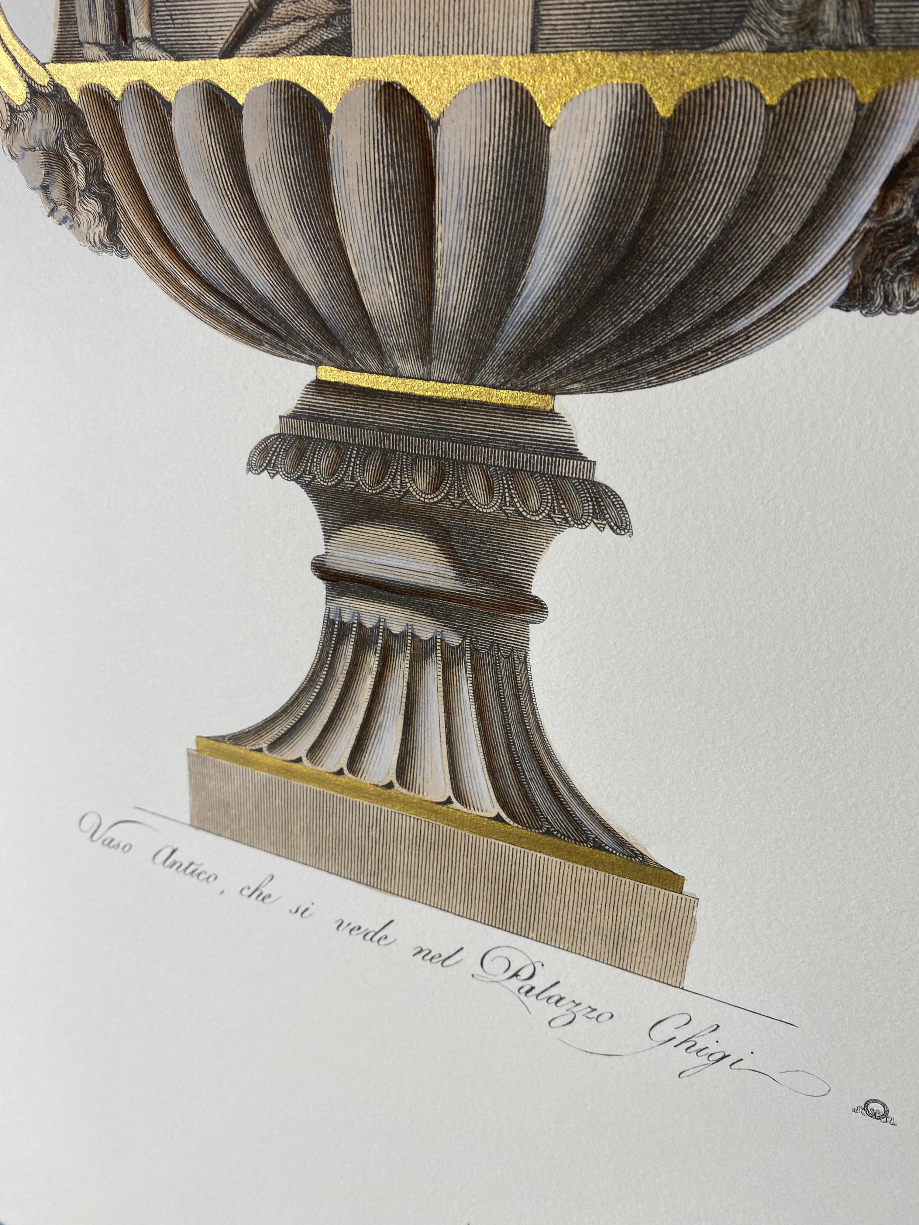 Italian Contemporary Hand Colored Cream and Gold Antique Vase Print 1 of 4 For Sale 3