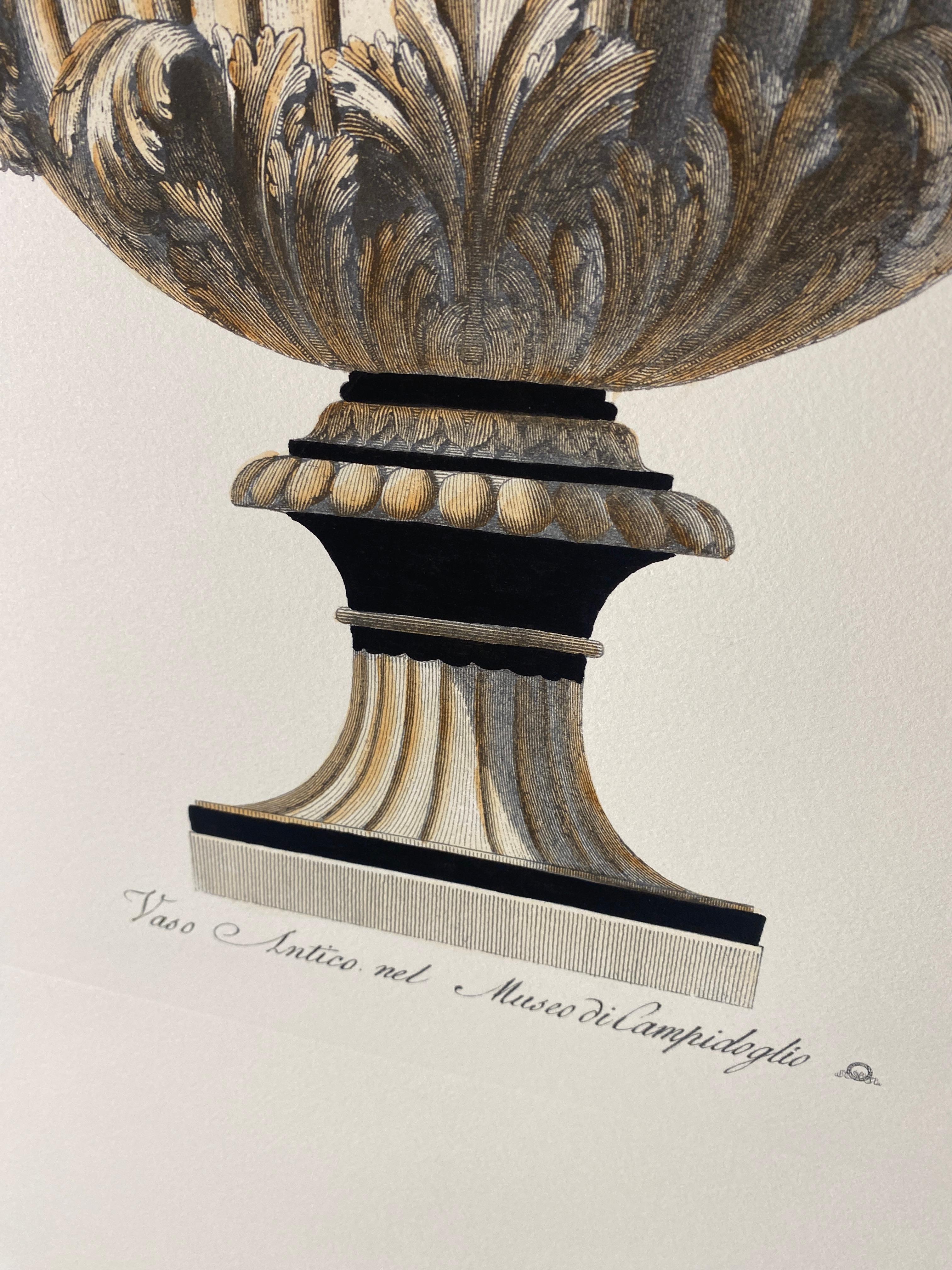 Hand-Painted Italian Contemporary Hand Colored Deep Black Antique Vase Print 2 of 4 For Sale