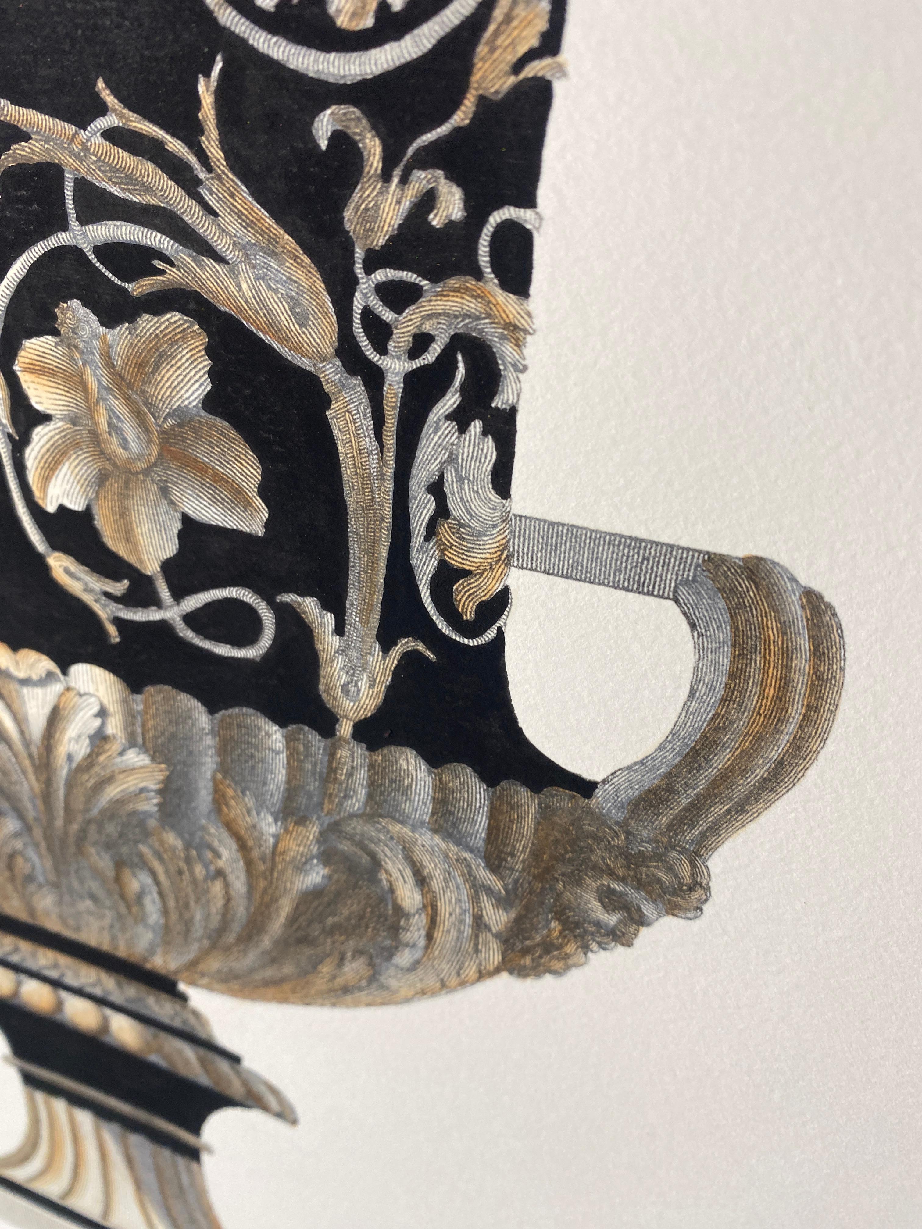 Paper Italian Contemporary Hand Colored Deep Black Antique Vase Print 2 of 4 For Sale