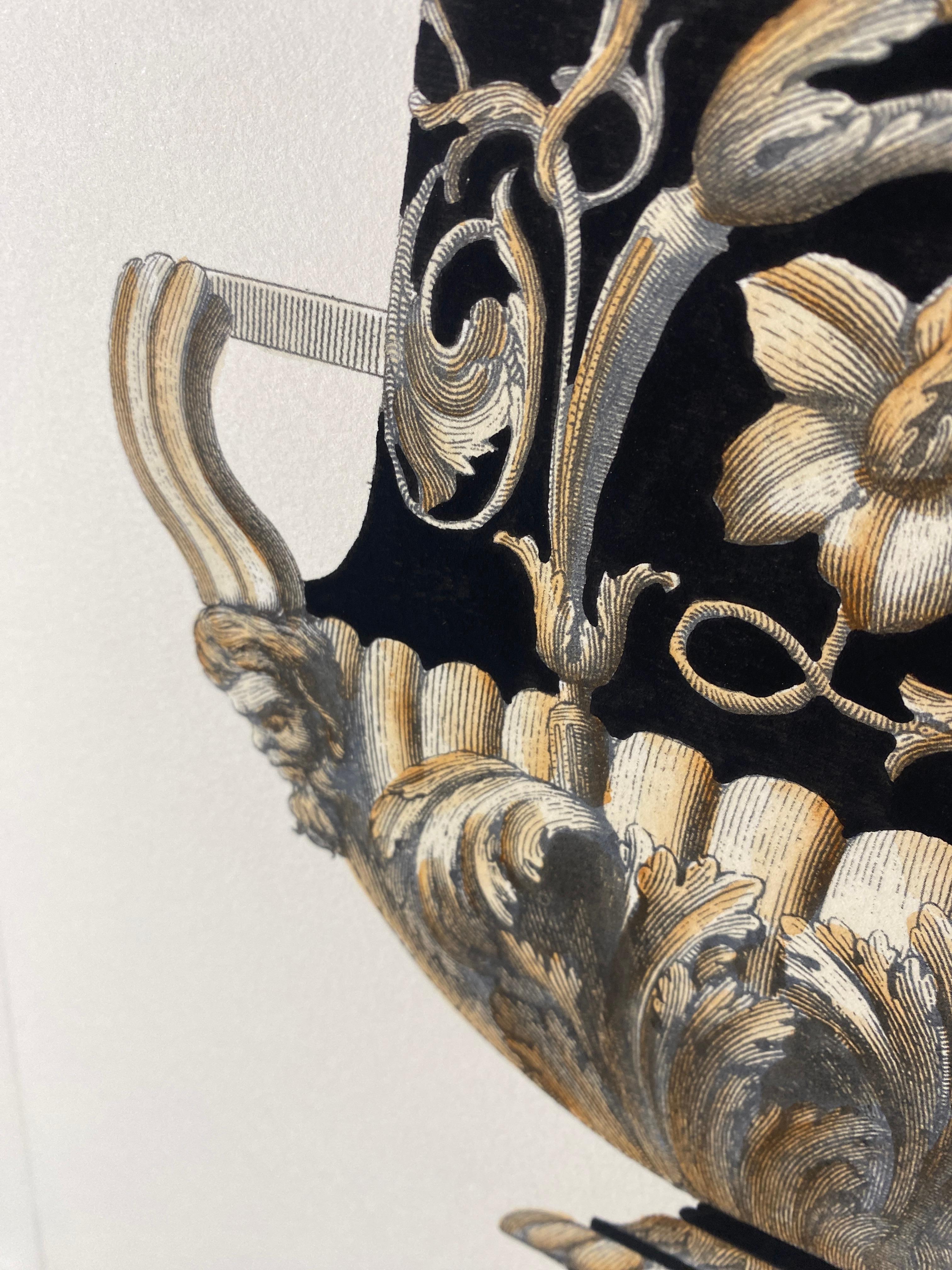 Italian Contemporary Hand Colored Deep Black Antique Vase Print 2 of 4 For Sale 1