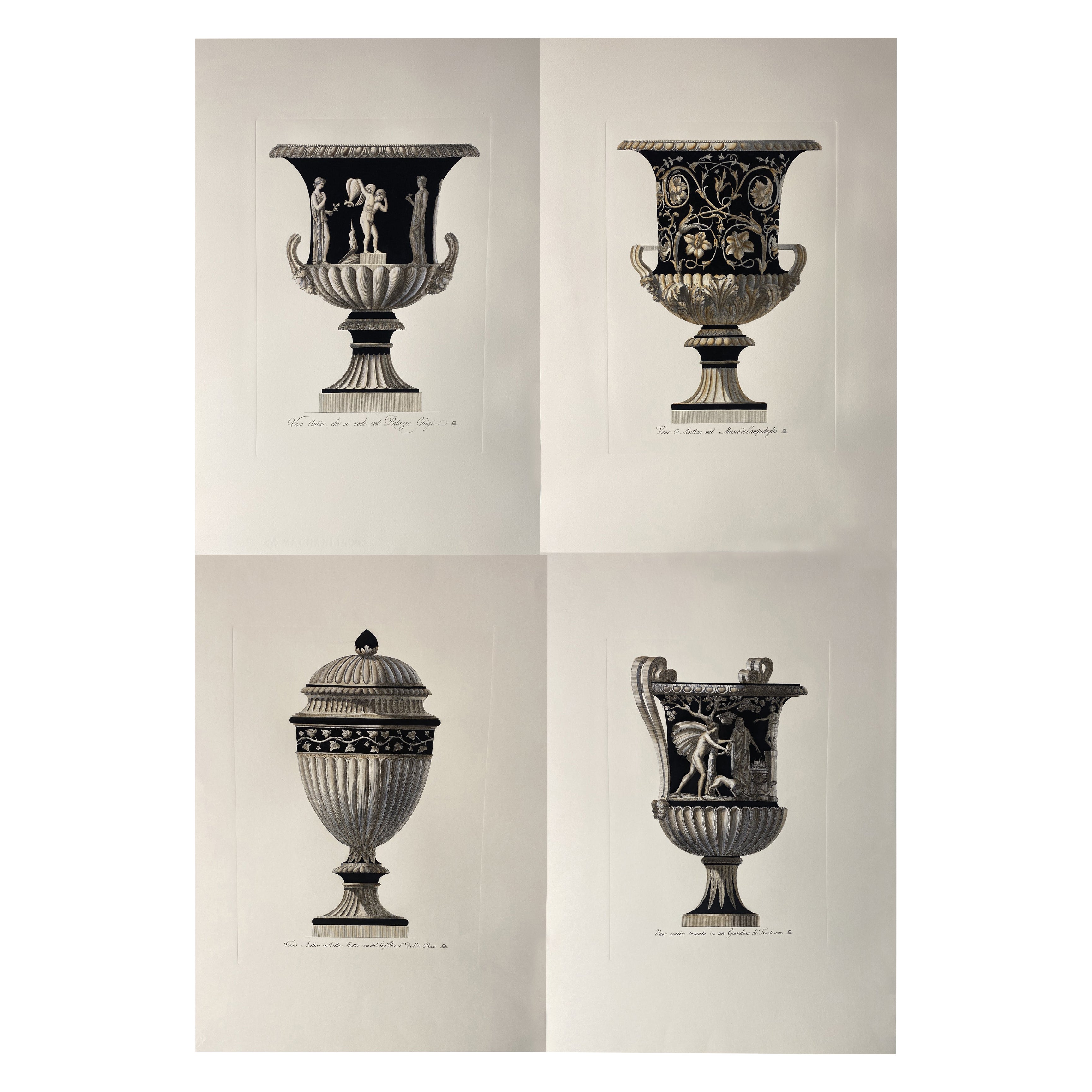 Italian Contemporary Hand Colored Deep Black Antique Vase Print Set of 4