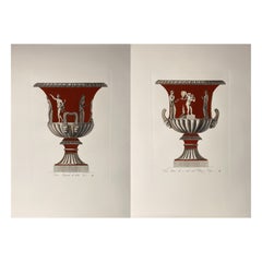 Juego de 2 jarrones antiguos italianos contemporáneos coloreados a mano en rojo pompeyano