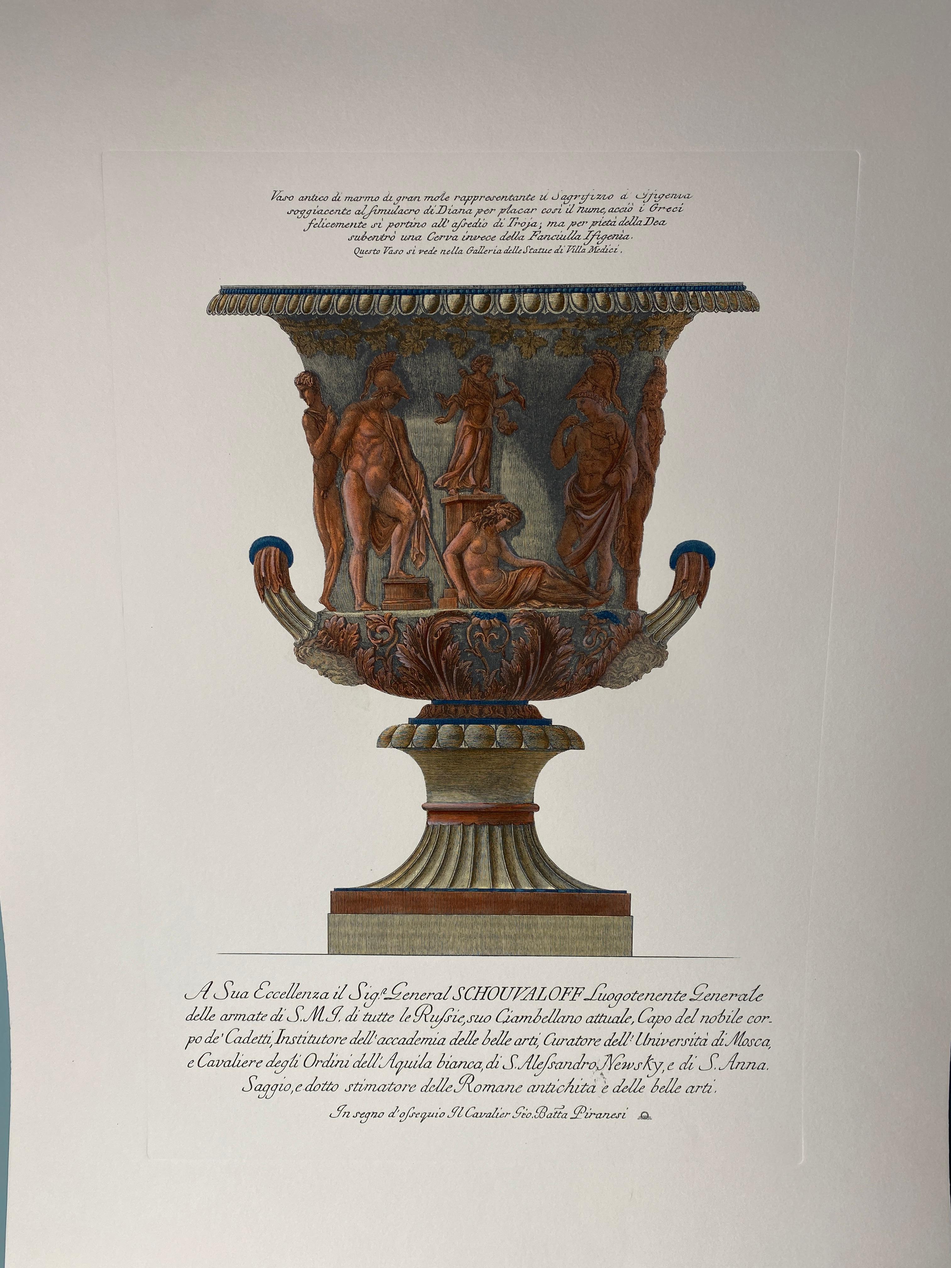 Large Roman marble vase printed on a hand press on 100% cotton engraving paper.
Completely handpainted with a cream wash, pompeian red and blue highlights and details.
Light brown mat with black hand embellishments.
This type of colour finish was