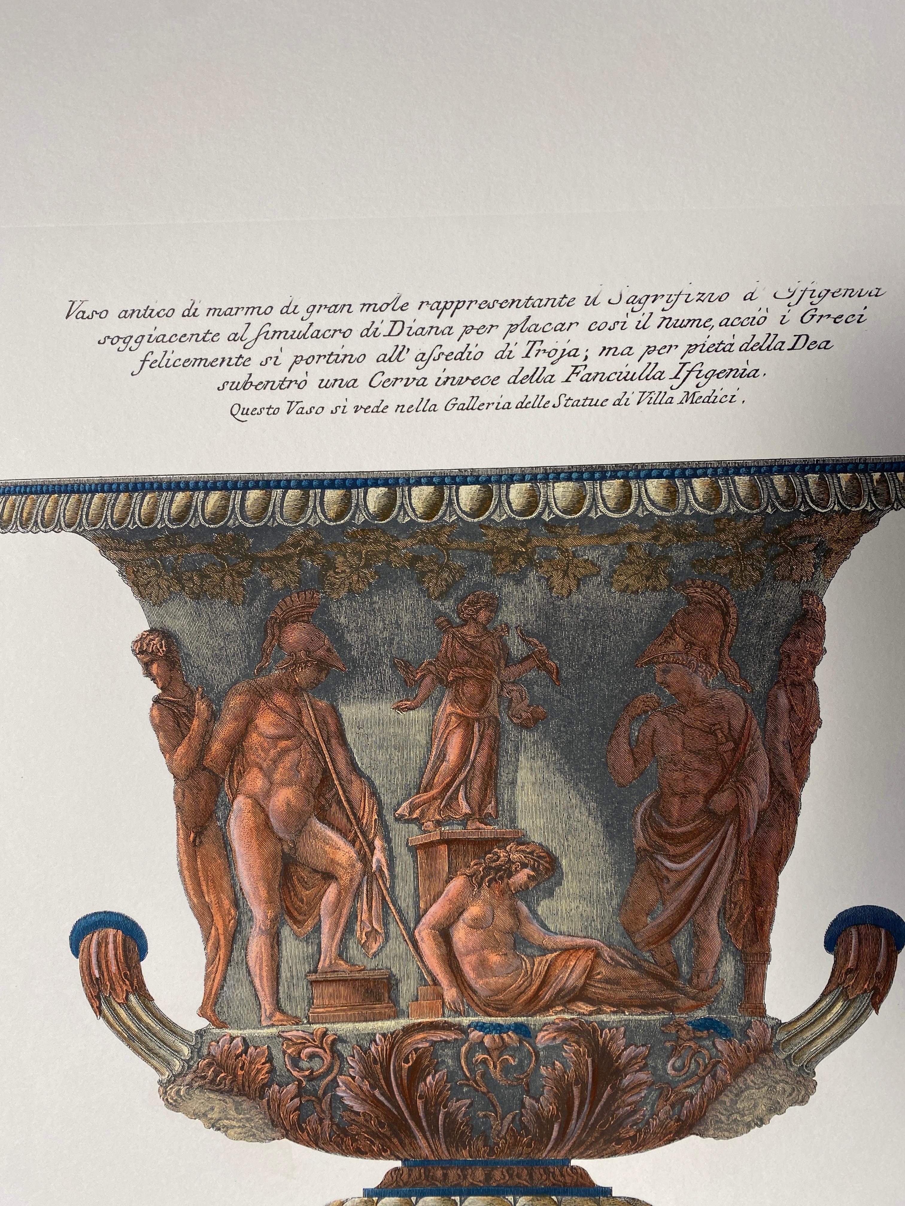 Neoclassical Italian Contemporary Hand Coloured Red Blue Roman Vase Print G.B Piranesi 1 of 2 For Sale