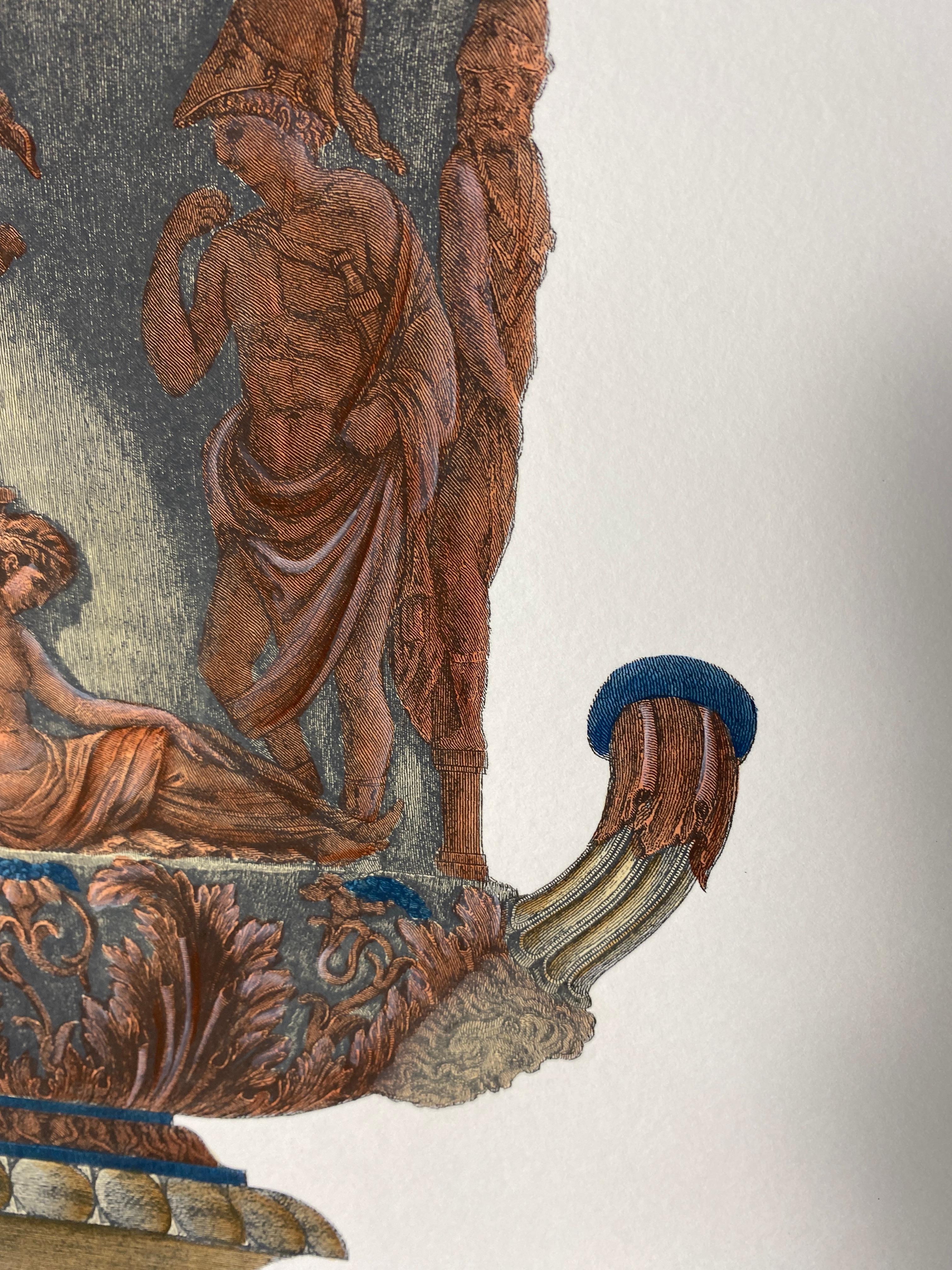 Paper Italian Contemporary Hand Coloured Red Blue Roman Vase Print G.B Piranesi 1 of 2 For Sale