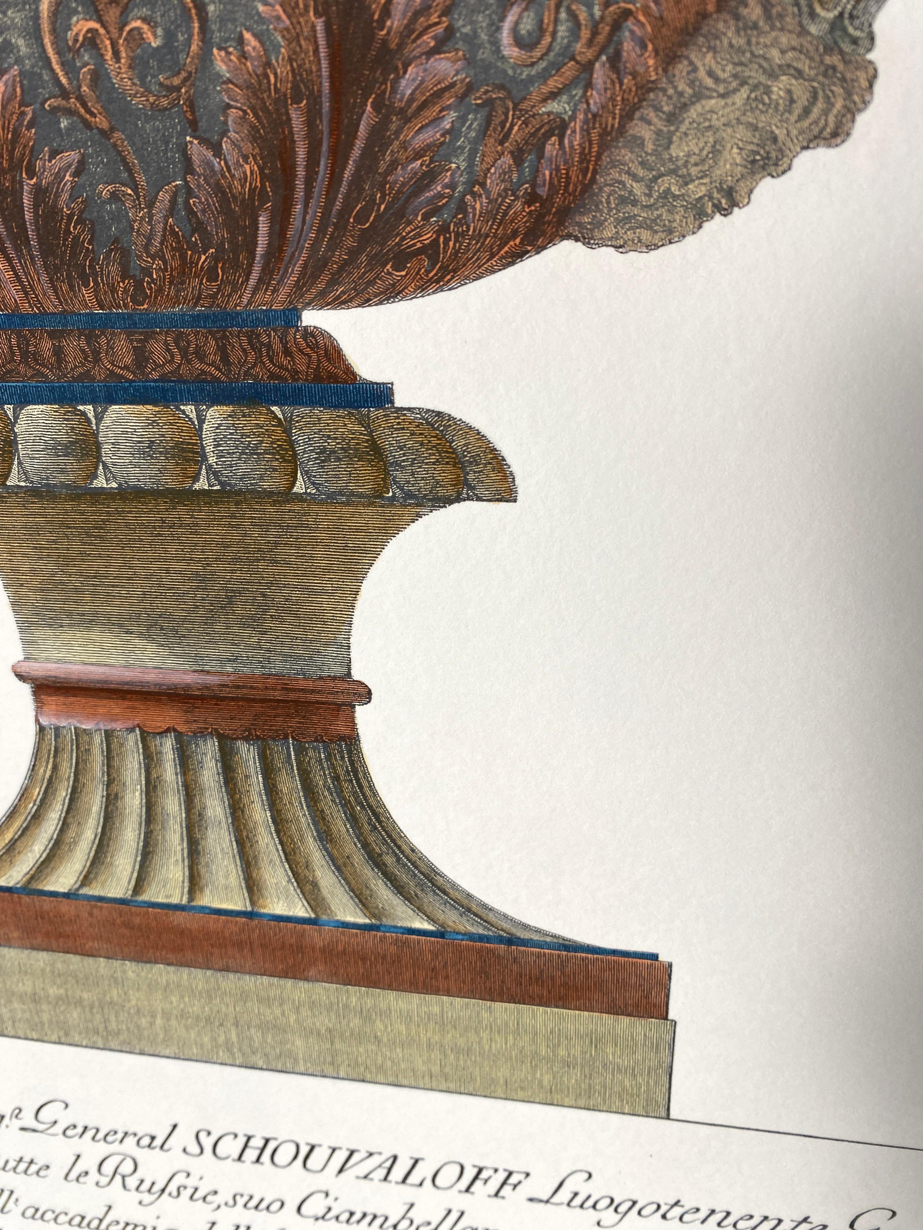 Italian Contemporary Hand Coloured Red Blue Roman Vase Print G.B Piranesi 1 of 2 For Sale 1