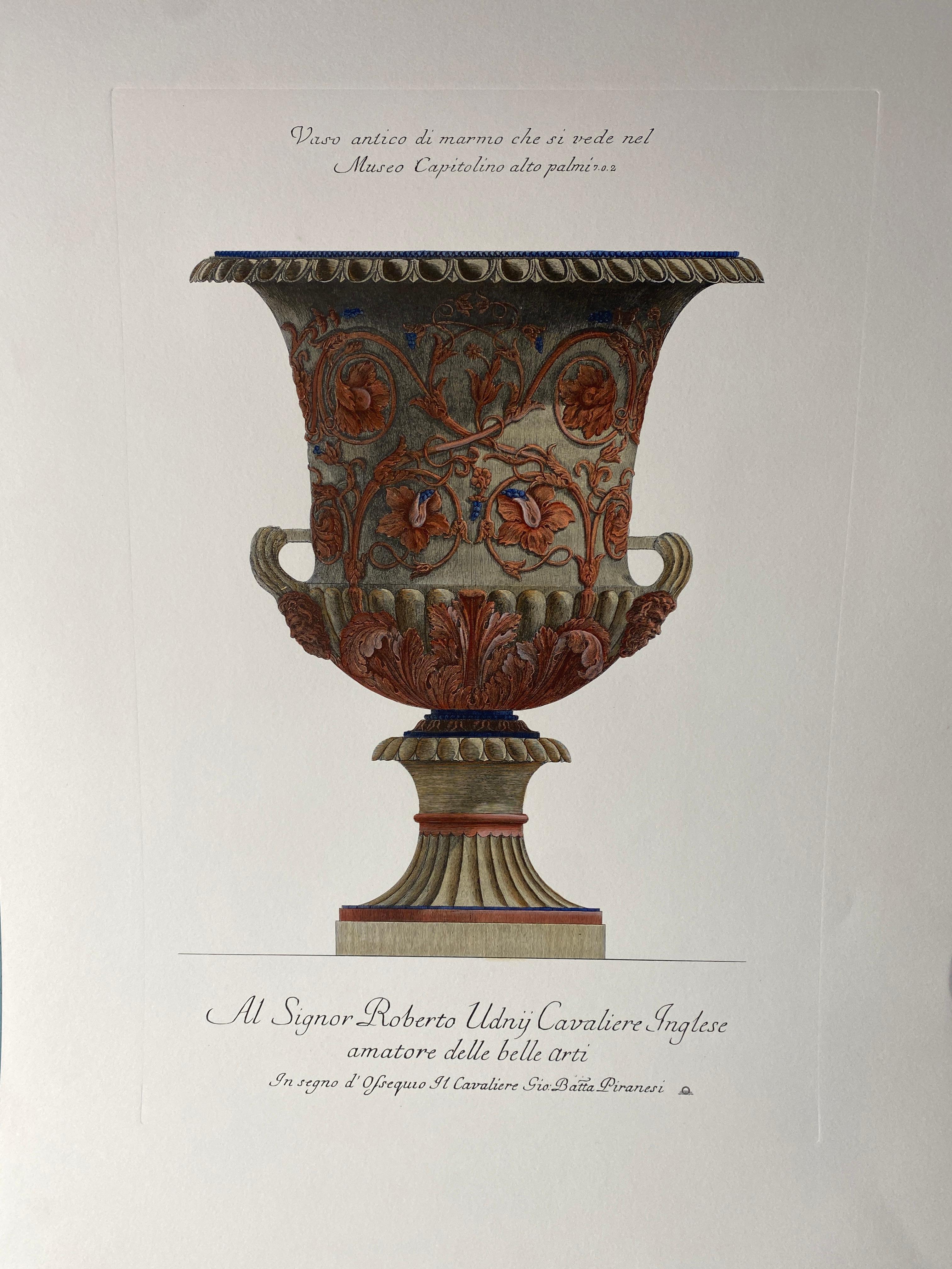Large Roman marble vase printed on a hand press on 100% cotton engraving paper.
Completely handpainted with a cream wash, pompeian red and blue highlights and details.
Light brown mat with black hand embellishments.
This type of colour finish was