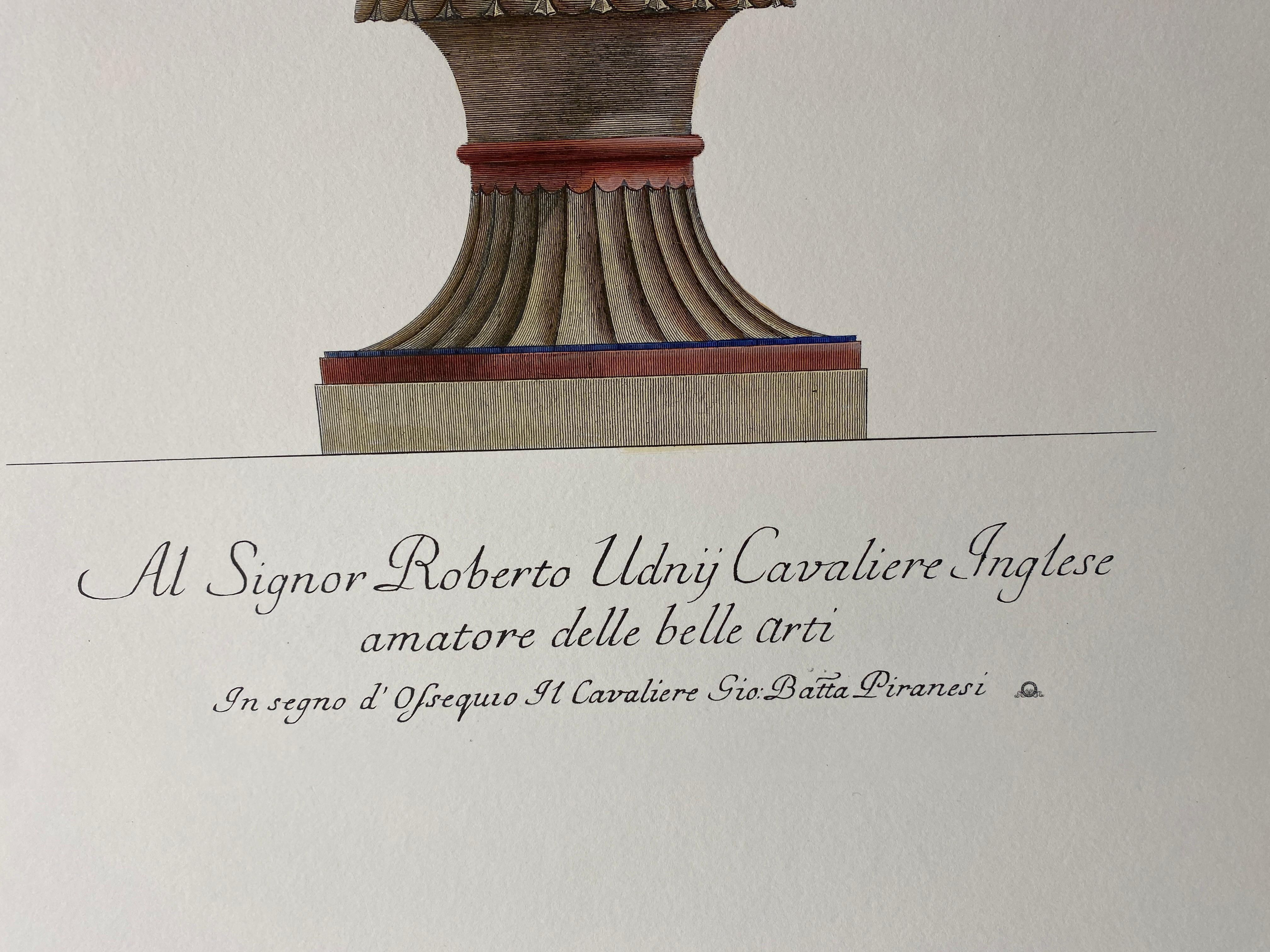 Neoclassical Italian Contemporary Hand Coloured Red Blue Roman Vase Print G.B Piranesi 2 of 2 For Sale