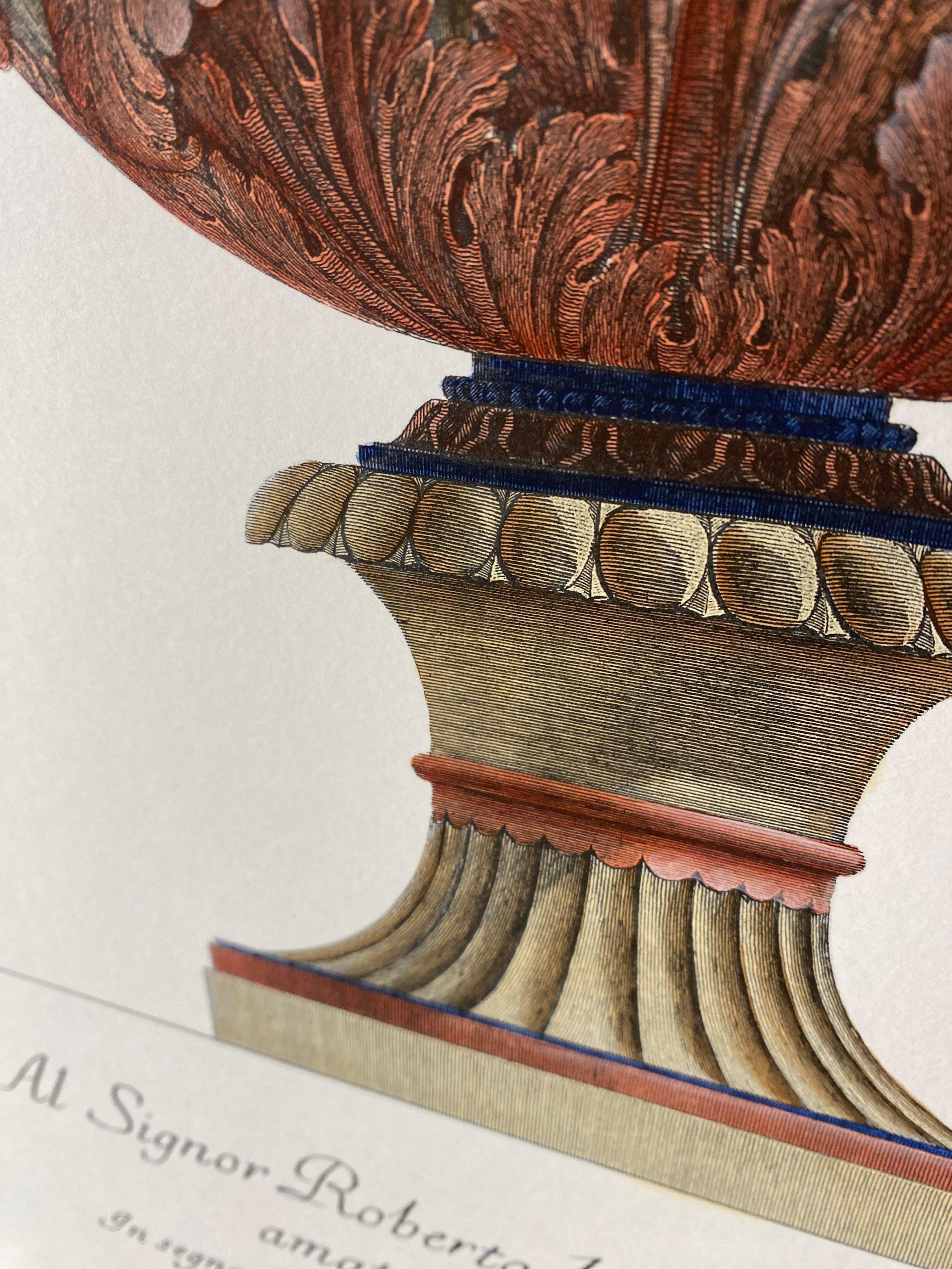 Paper Italian Contemporary Hand Coloured Red Blue Roman Vase Print G.B Piranesi 2 of 2 For Sale