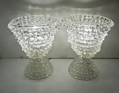 Italian Contemporary Hand Craft Pair of Crystal Rostrato Murano Glass Lamps