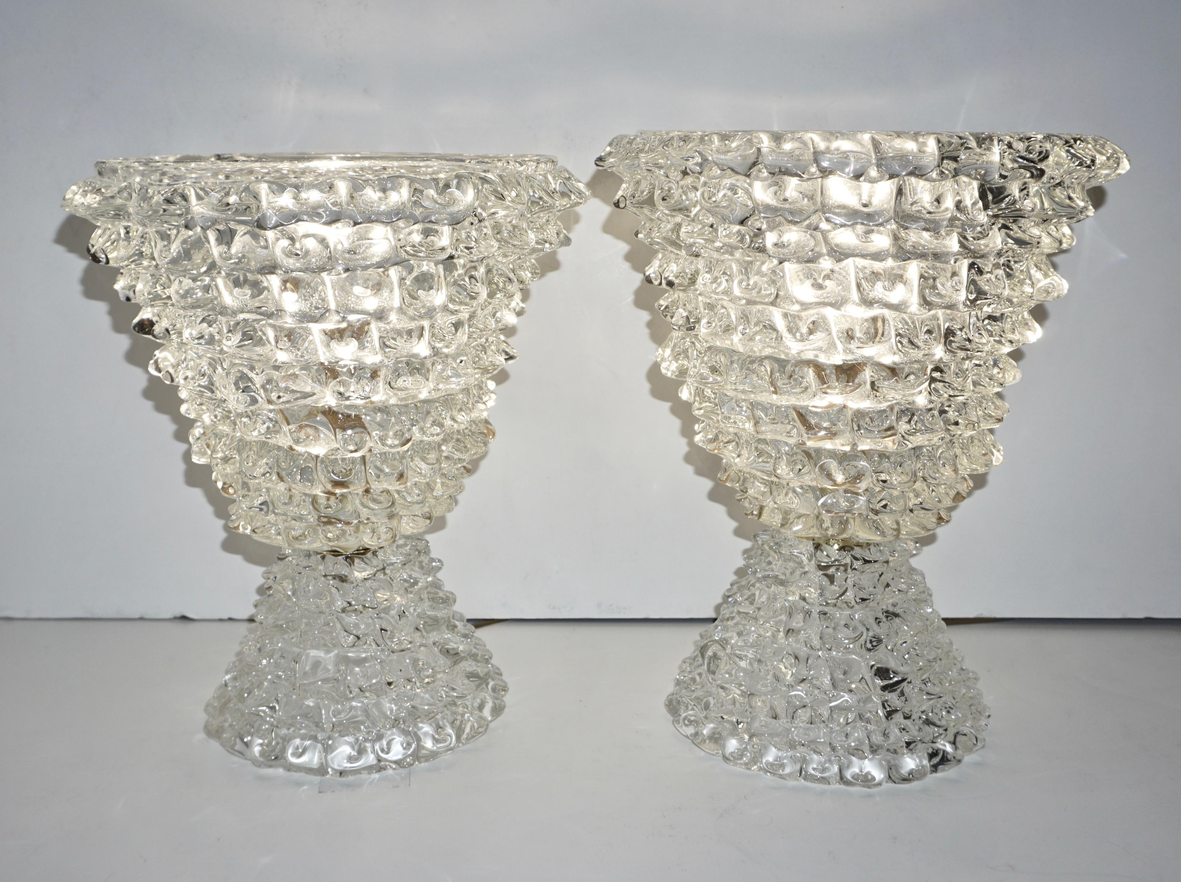 Italian Contemporary Hand Craft Pair of Crystal Rostrato Murano Glass Lamps 13