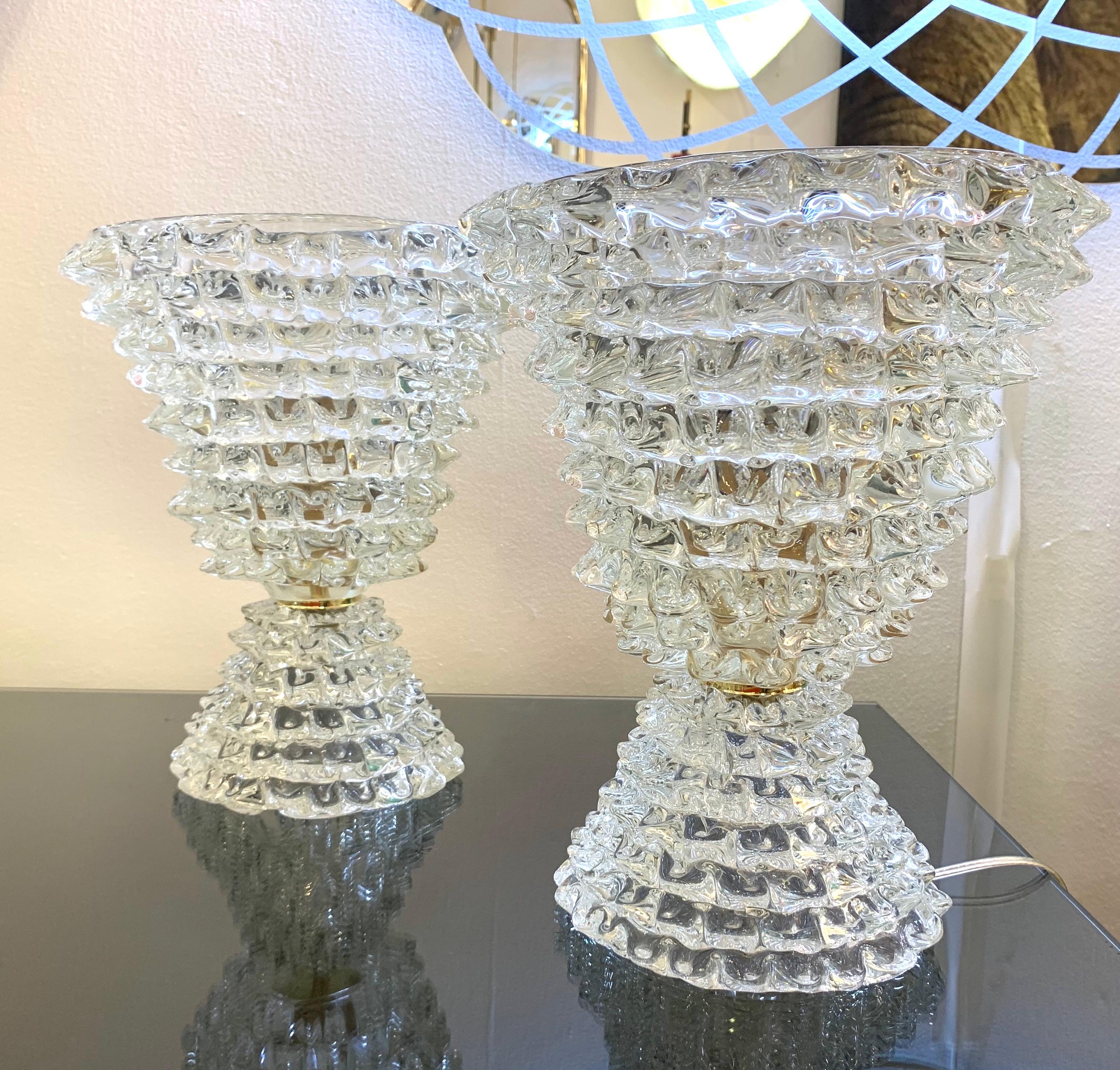 Italian Contemporary Hand Craft Pair of Crystal Rostrato Murano Glass Lamps 2