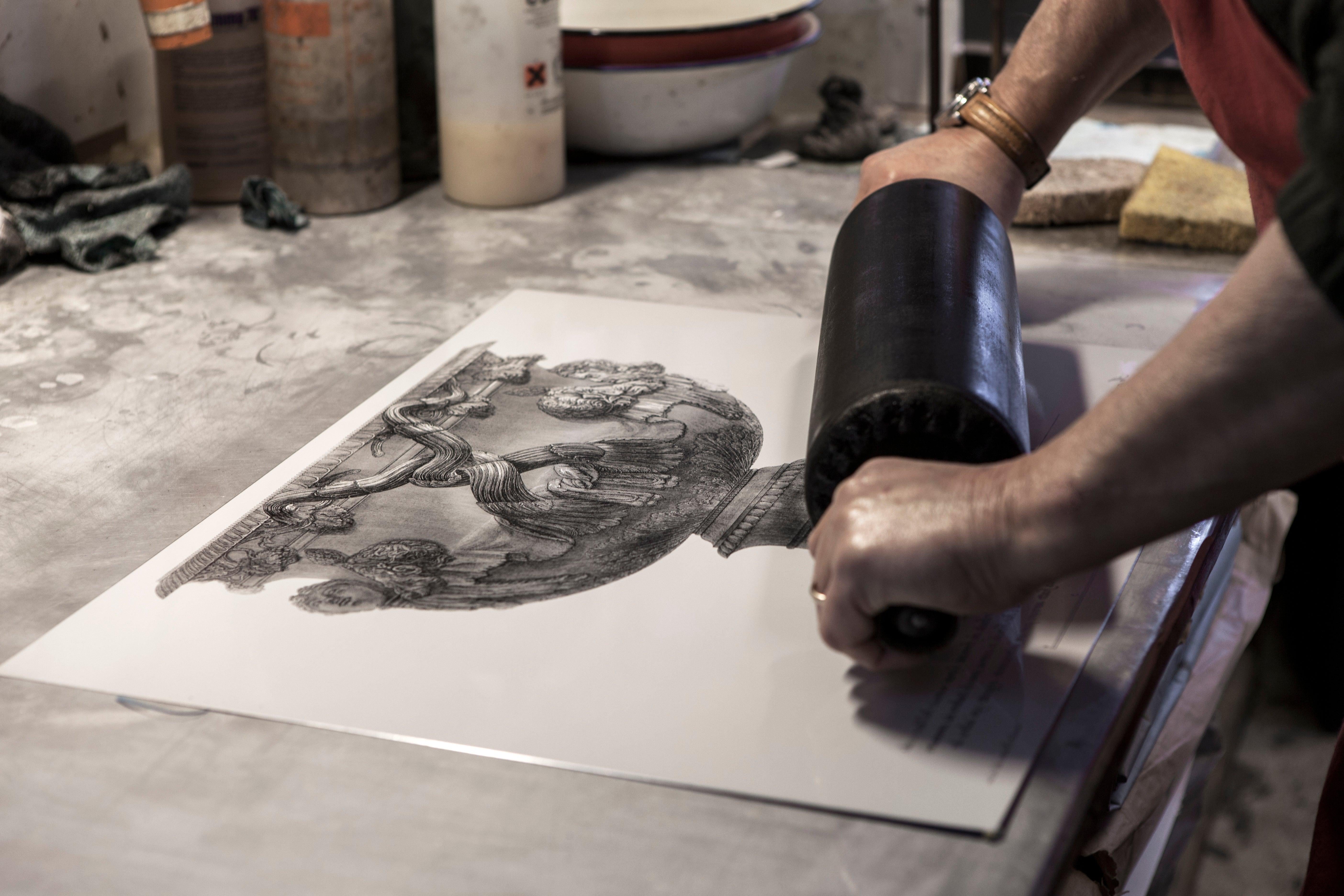 Stampa botanica italiana contemporanea dipinta a mano in blu 
