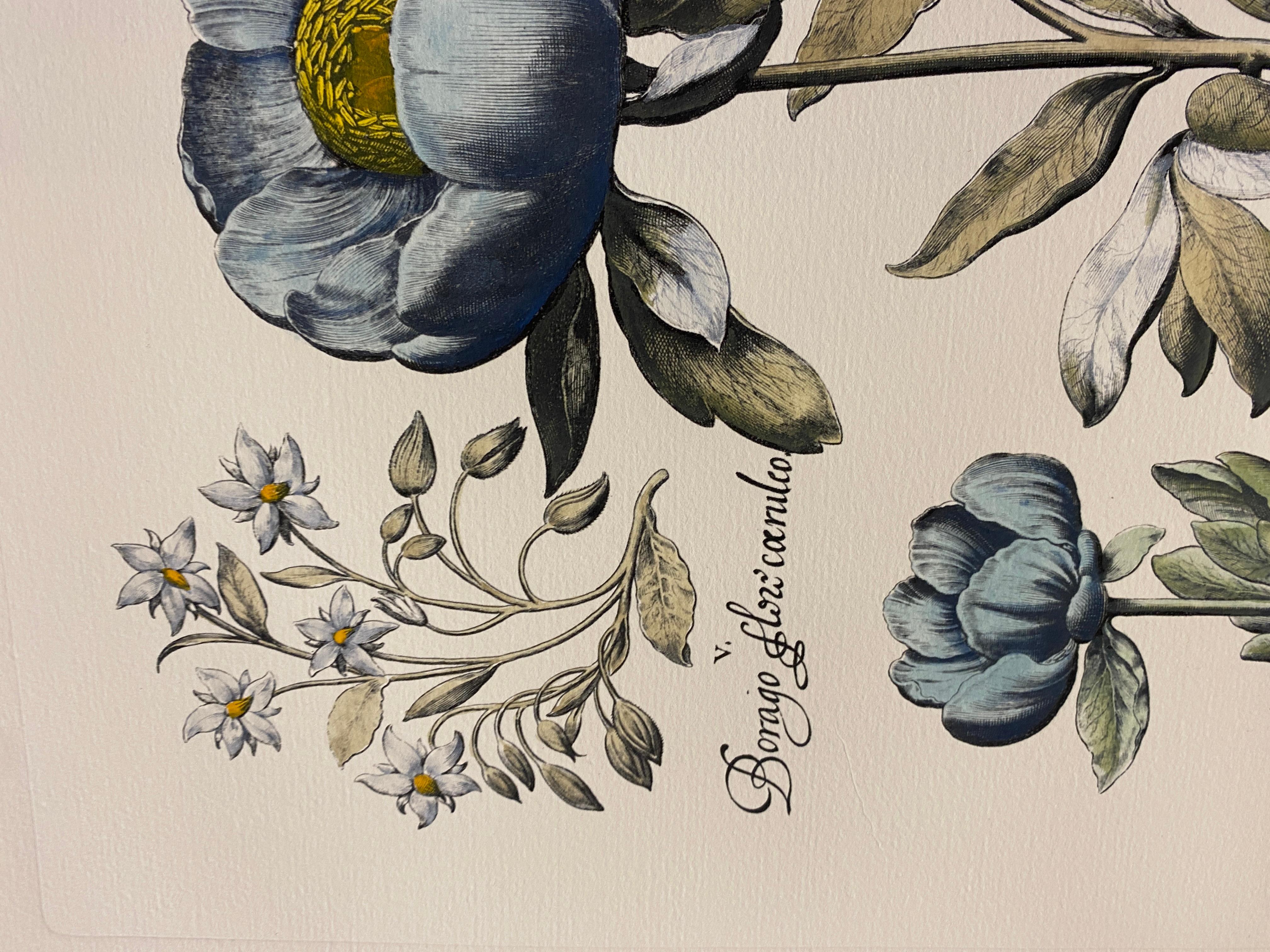 Italienische Contemporary Hand gemalte Botanical Blue Print 