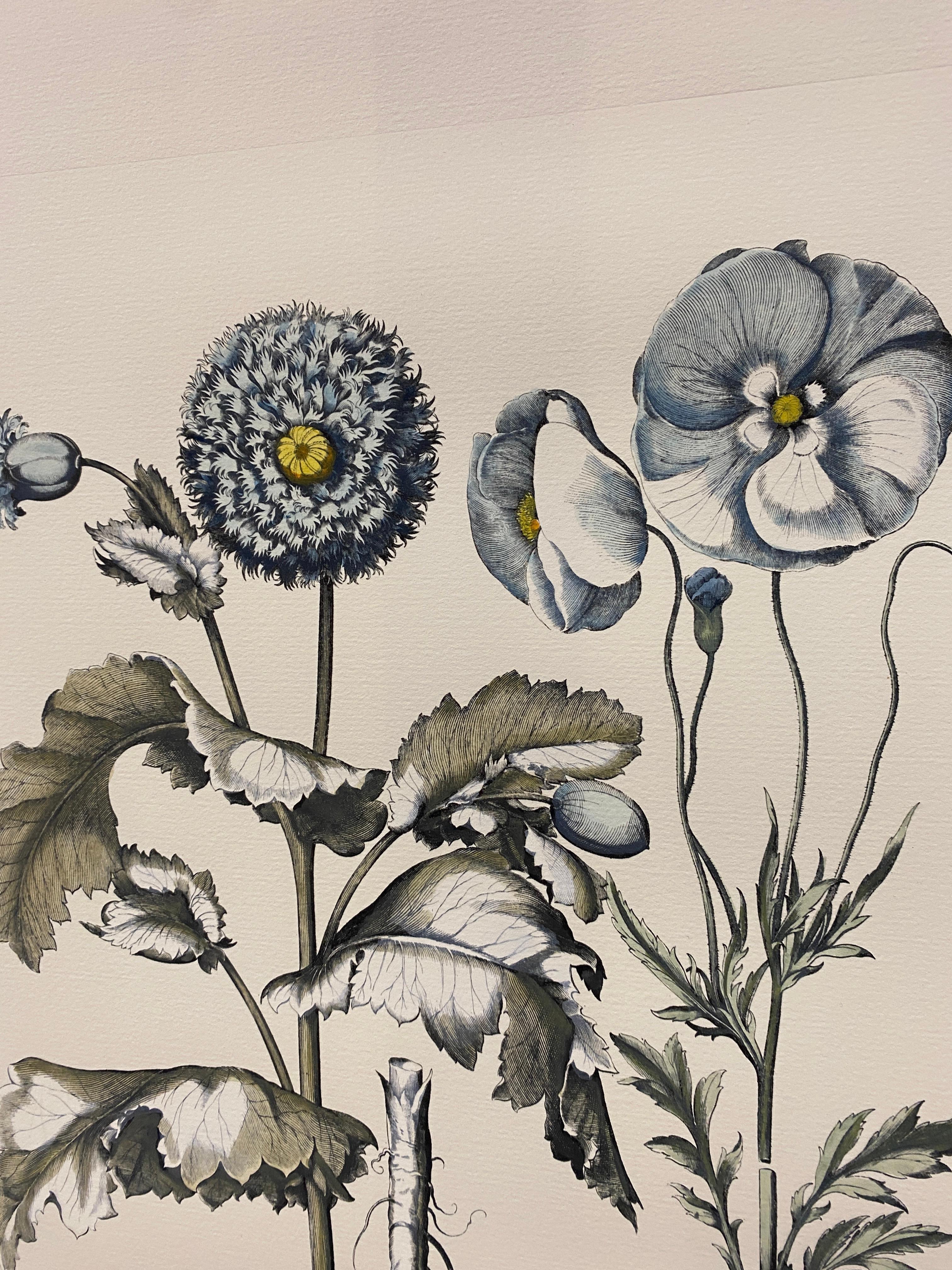 Italian Contemporary Hand Painted Botanical Blue Print 