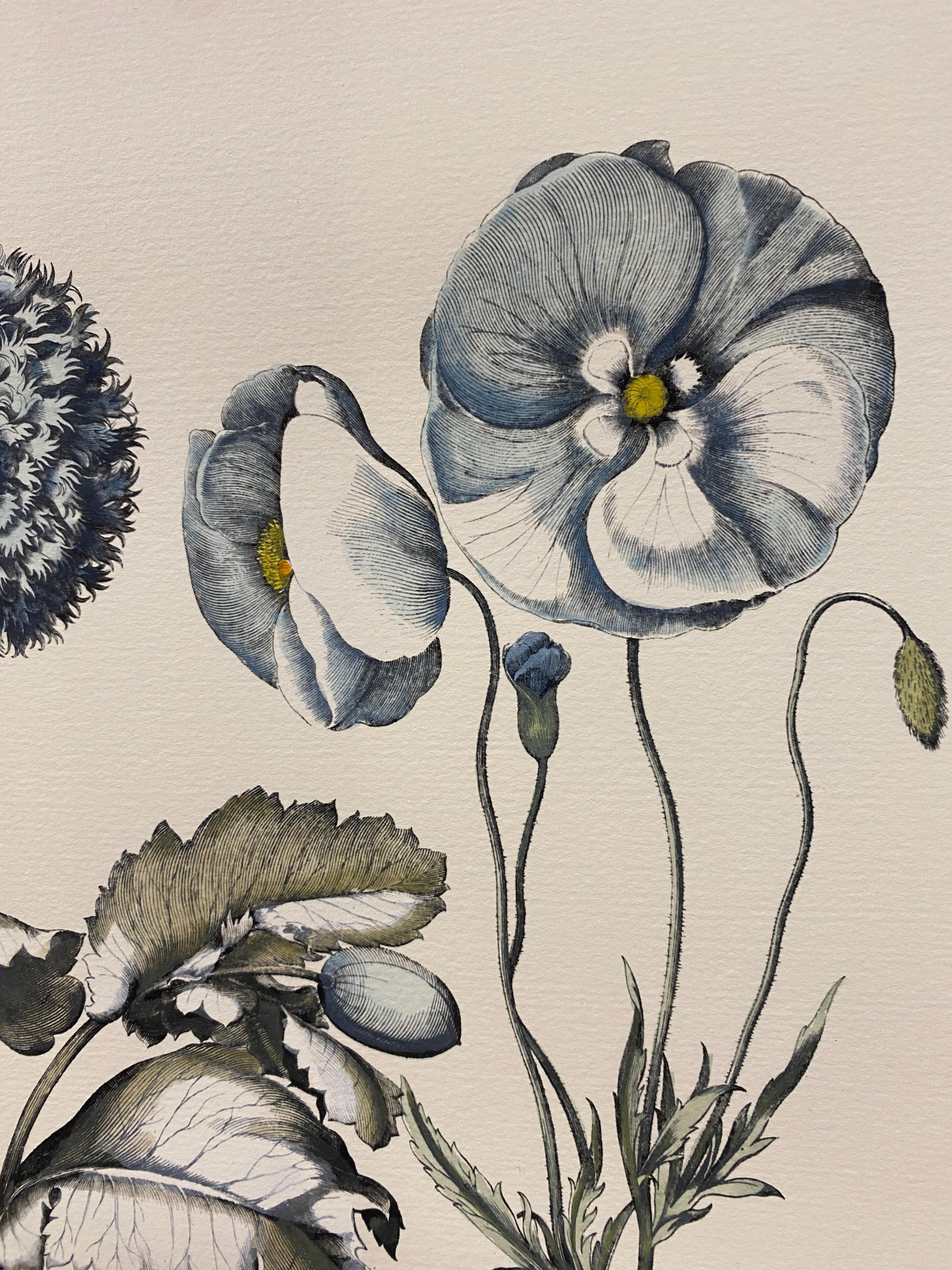 Paper Italian Contemporary Hand Painted Botanical Blue Print 