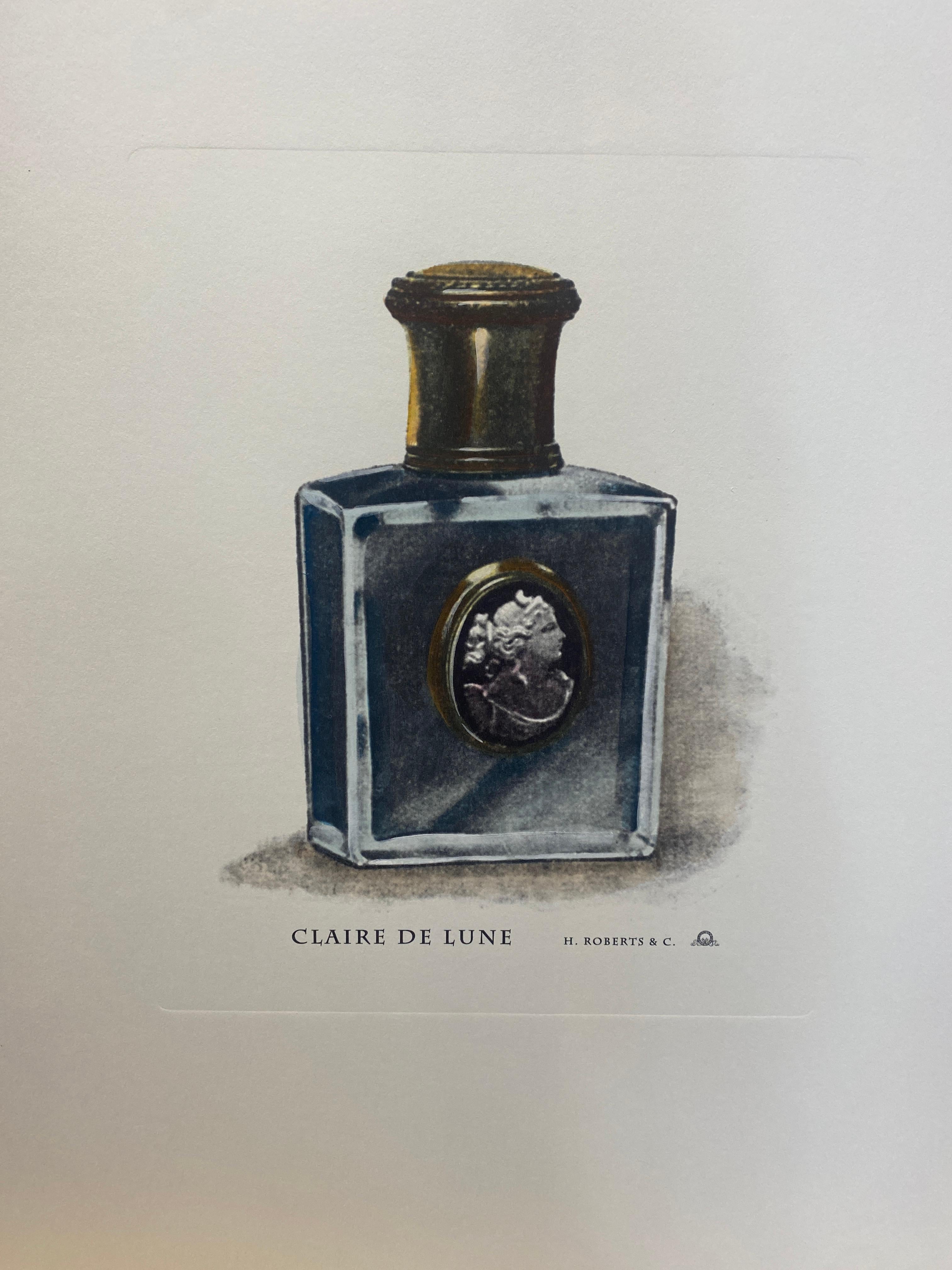 Elegant hand-pressed print representing   representing vintage bottles of perfume marketed and produced by the ancient firm H. Roberts and C.  In this one we find the parfume called 