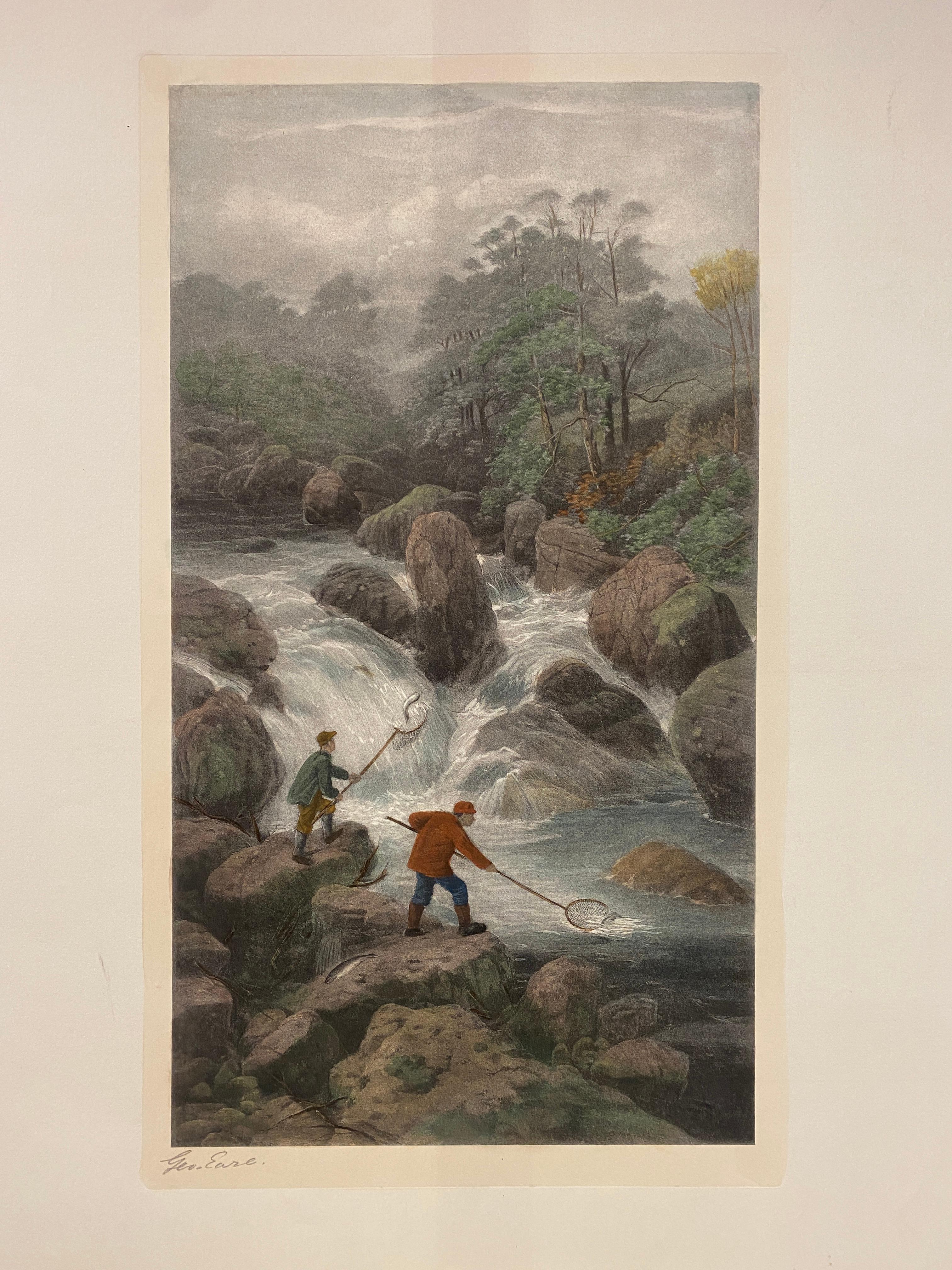 Beautiful reproduction of a typical English landscape depicting men fishing. 
The original was made by Geroge Earl, a famous English painter and illustrator. 
Bottom right is the author's signature 'Geo Earl'.

All the prints are completely