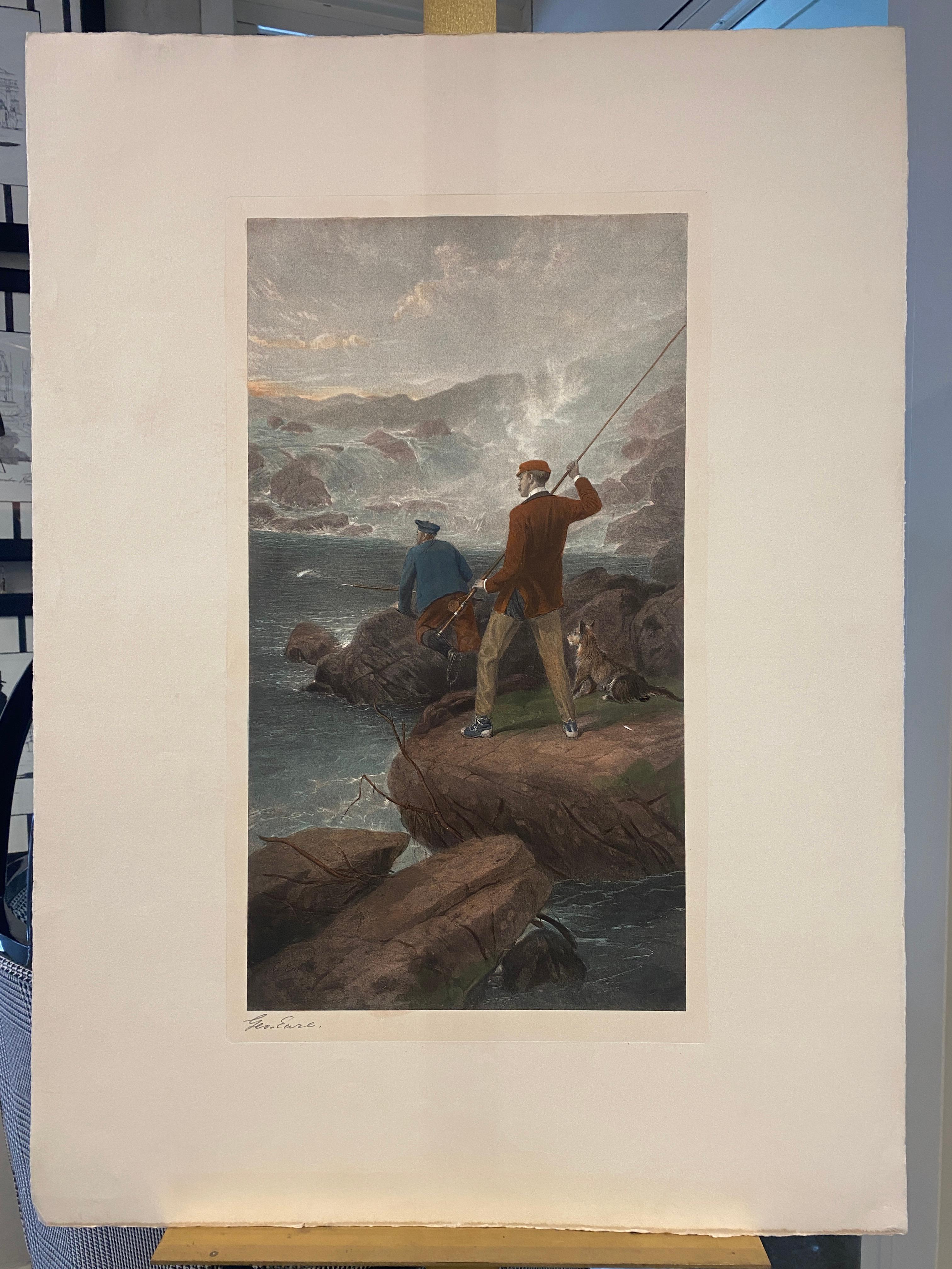Schöne Reproduktion einer typischen englischen Landschaft, die Männer beim Fischen zeigt. 
Das Original wurde von Geroge Earl, einem berühmten englischen Maler und Illustrator, angefertigt. 
Unten rechts befindet sich die Unterschrift des Autors