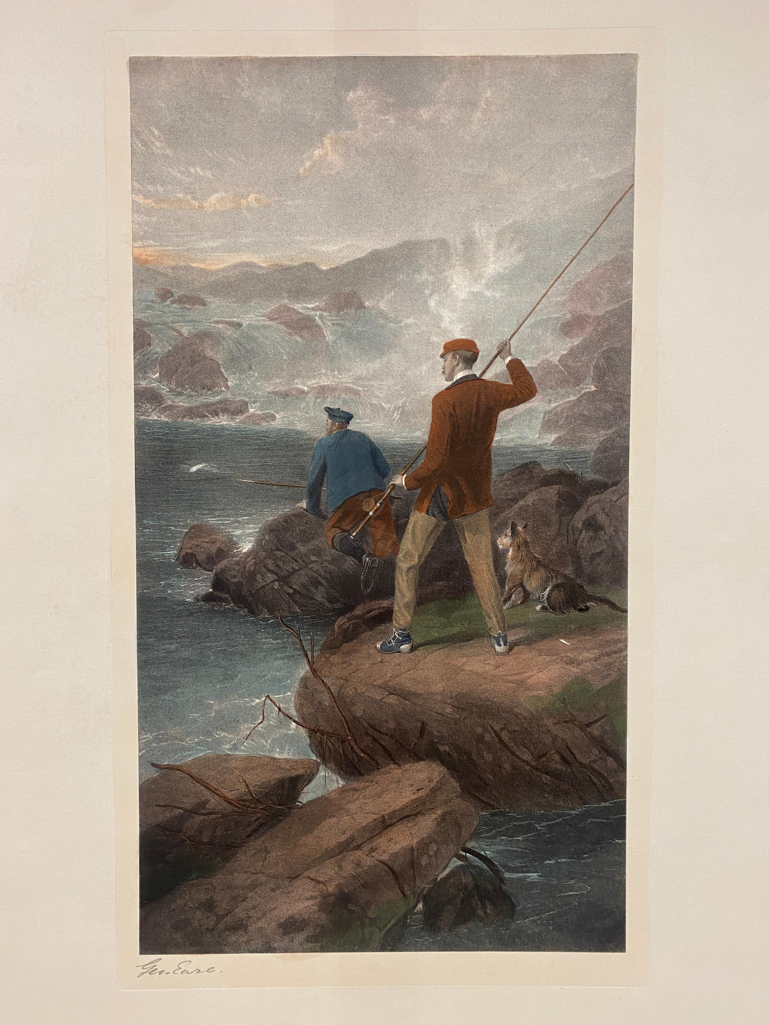 Hand-Painted Italian Contemporary Hand Painted Landscape Print Fishing by George Earl 2 of 2 For Sale