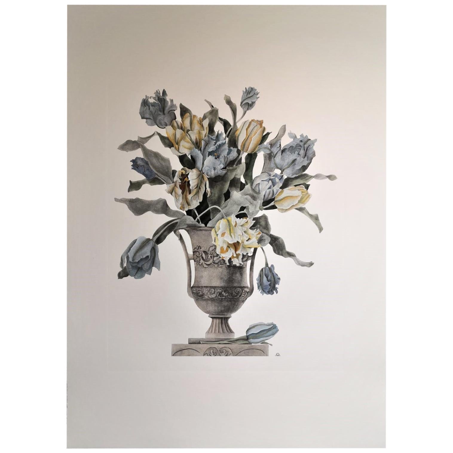 Vase italien contemporain peint à la main, imprimé de tulipes bleu clair, jaune et blanc