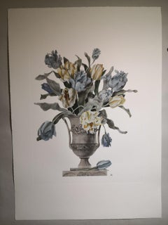 Italian Contemporary Hand Painted Light Blue Yellow White Tulips Vase Big Print