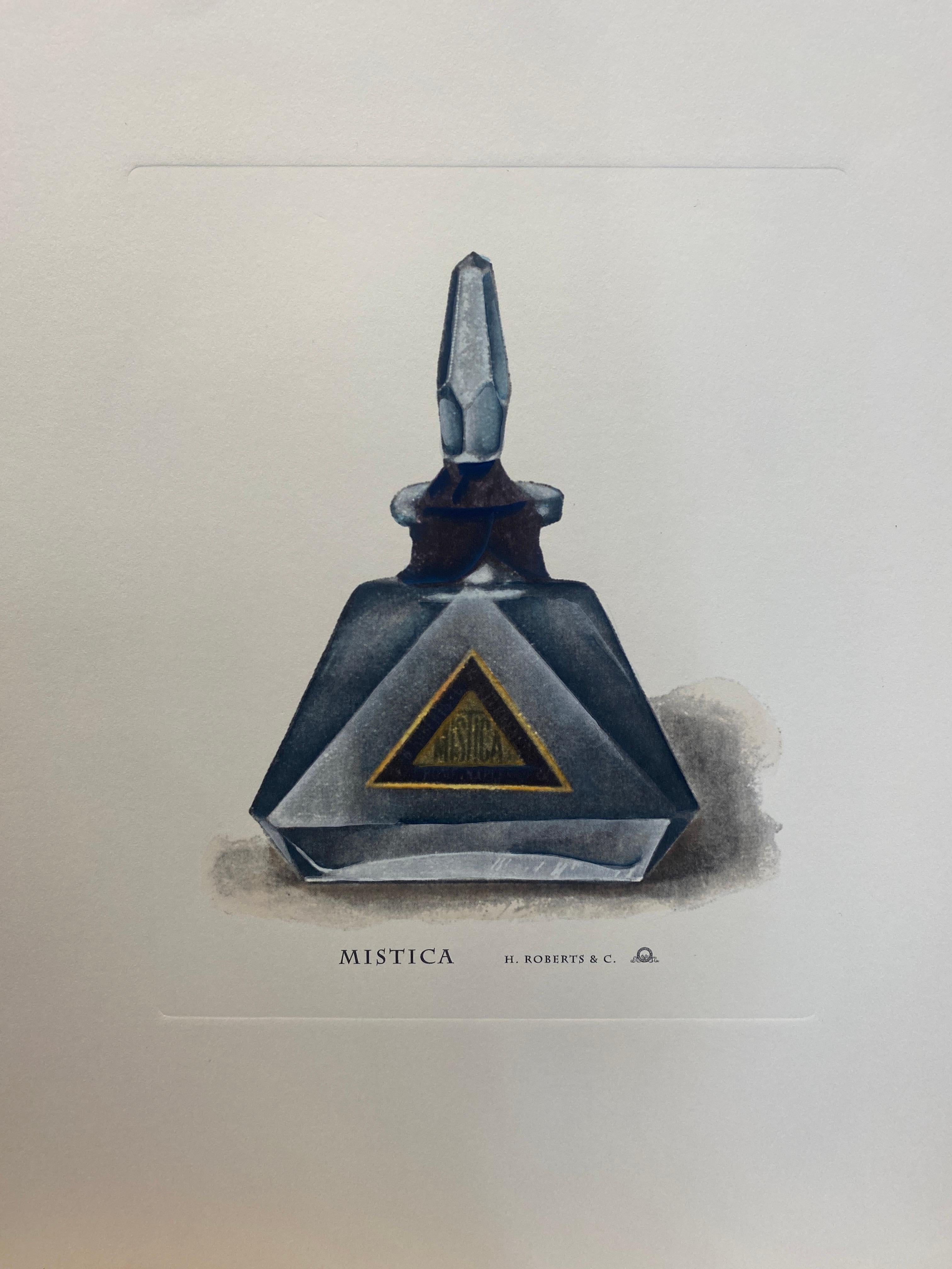 Elegant hand-pressed print representing   representing vintage bottles of perfume marketed and produced by the ancient firm H. Roberts and C.  In this one we find the parfume called 