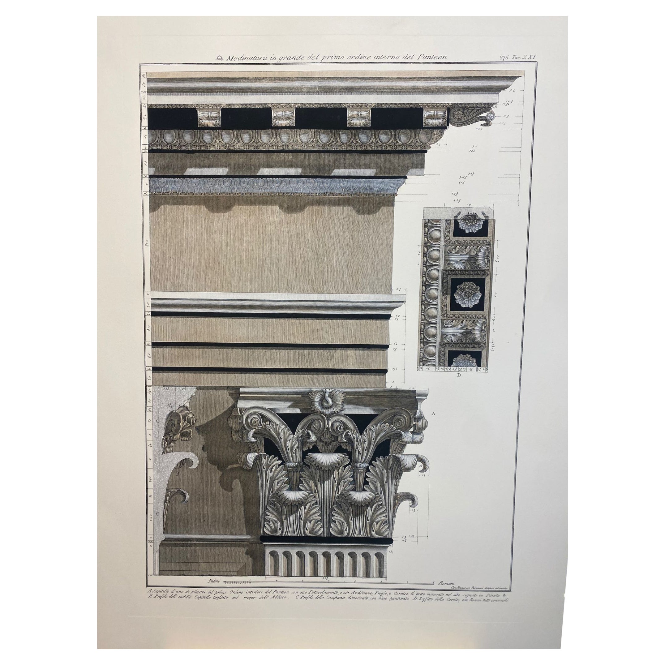 Stampa contemporanea italiana dipinta a mano Disegno architettonico del Pantheon 2 di 4