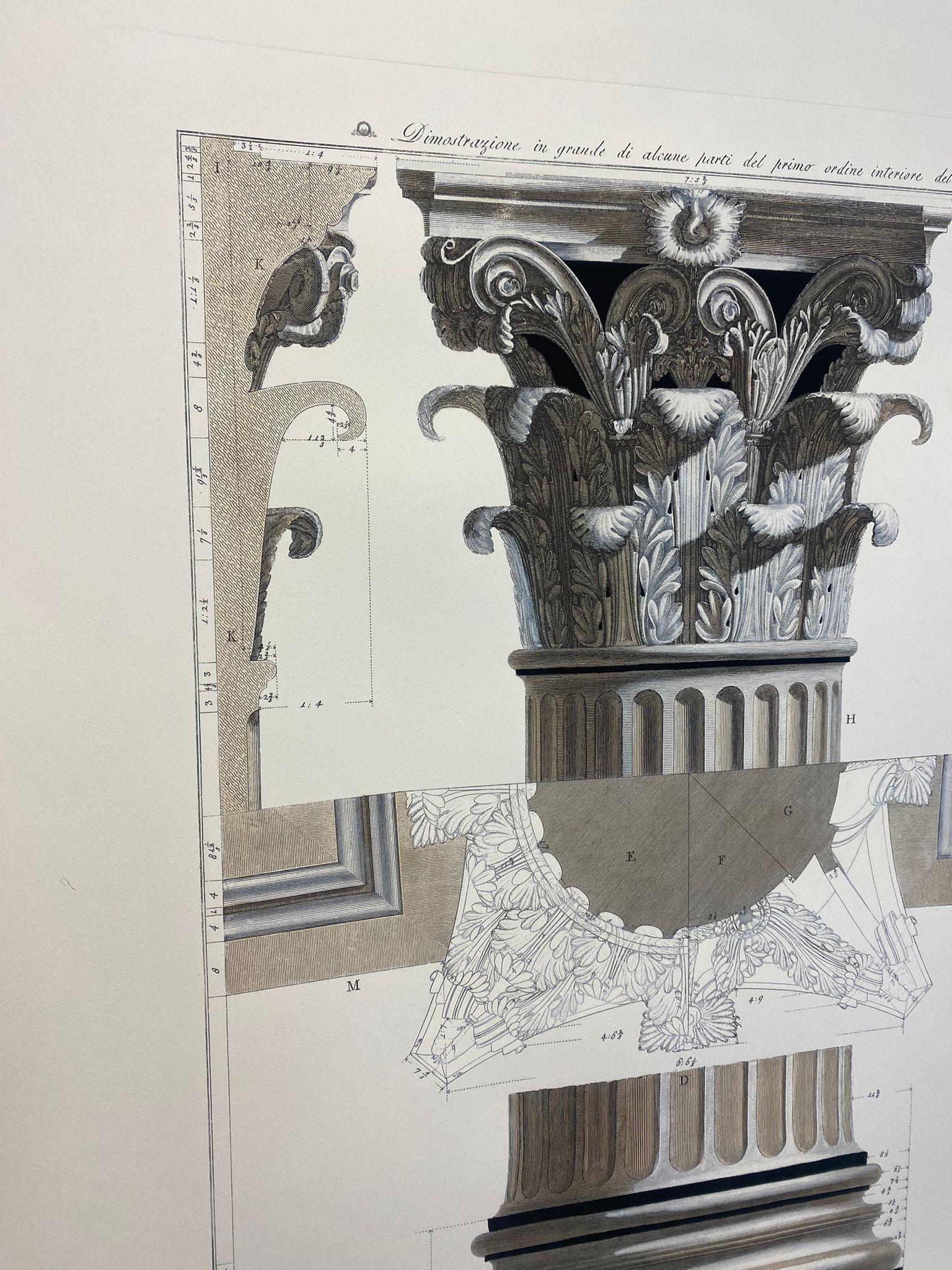 Elegant and refined print representing architectural details of the famous Pantheon, with plans, sections, elevations of capitals and columns, architraves and cornices, with particular attention to the mouldings. All enhanced by the beautiful