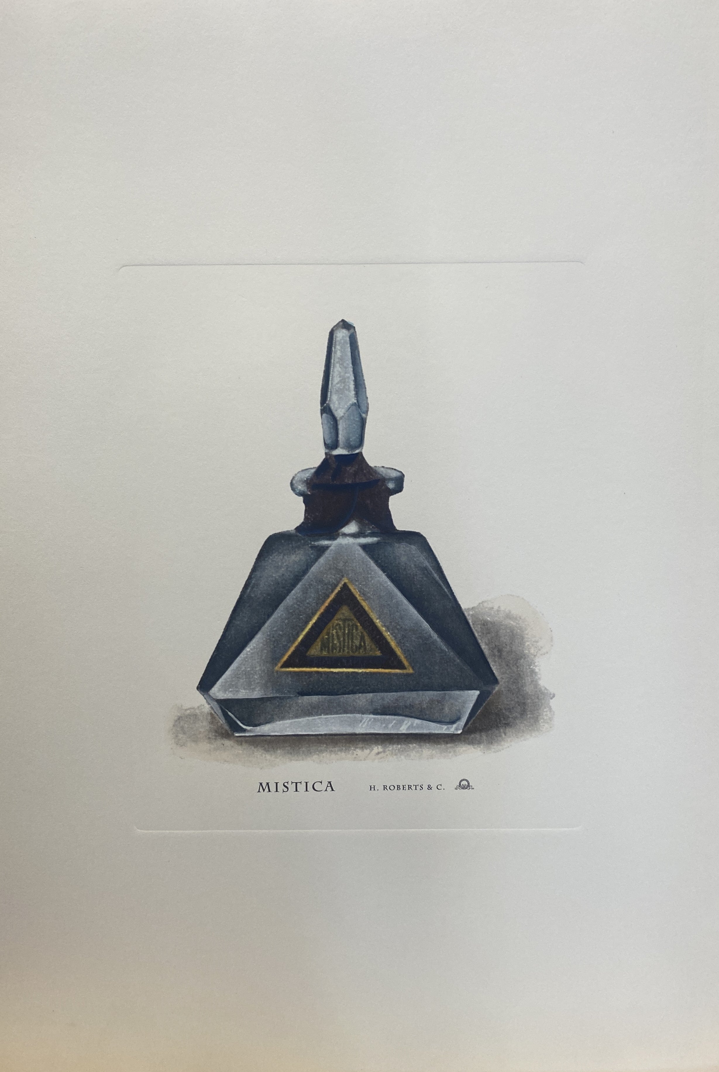 Elegant hand-pressed print representing   representing vintage bottles of perfume marketed and produced by the ancient firm H. Roberts and C.  In this one we find the parfume called 