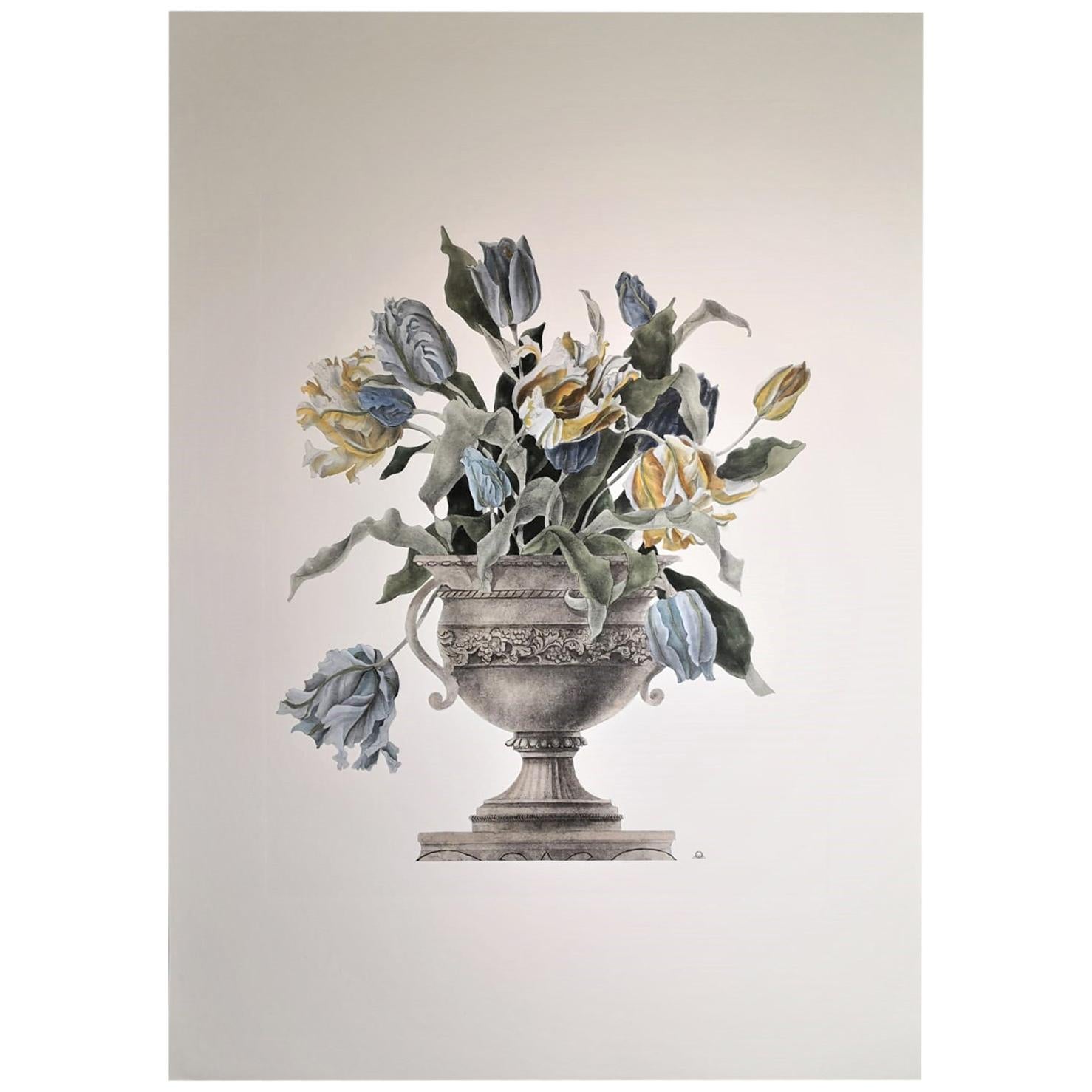 Vase italien contemporain peint à la main, jaune et bleu clair, avec grand imprimé de tulipes
