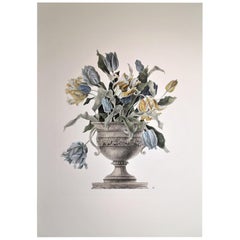 Vase italien contemporain peint à la main, jaune et bleu clair, avec grand imprimé de tulipes