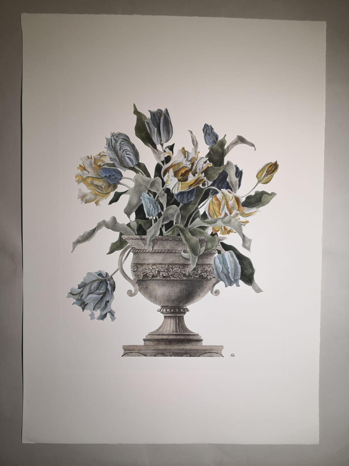 Elegant and refined print representing a vase of flowers and, precisely, a vase of yellow and light blue tulips. 
Four different vases prints are available to create a colourful composition.
All the prints are completely hand-coloured by our