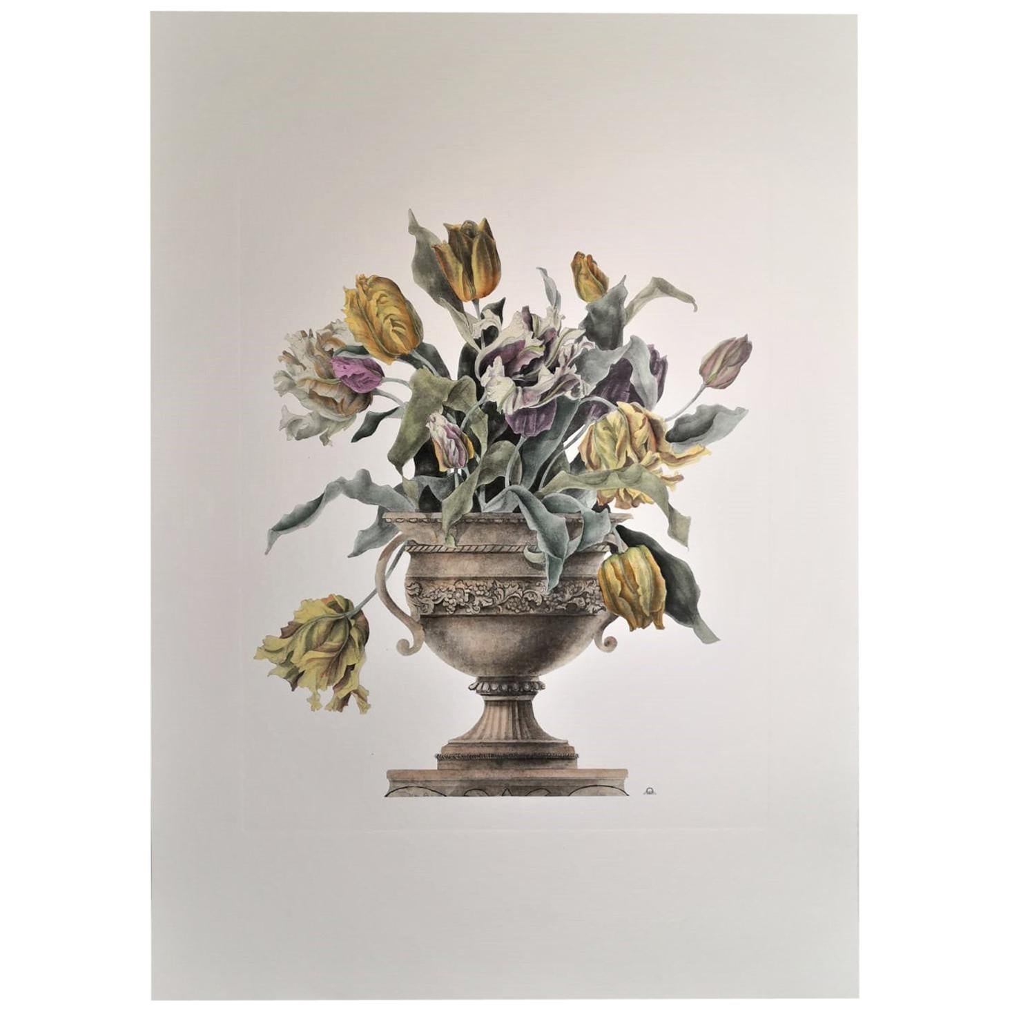 Vase italien contemporain peint à la main imprimé de tulipes jaunes et de roses claires en vente