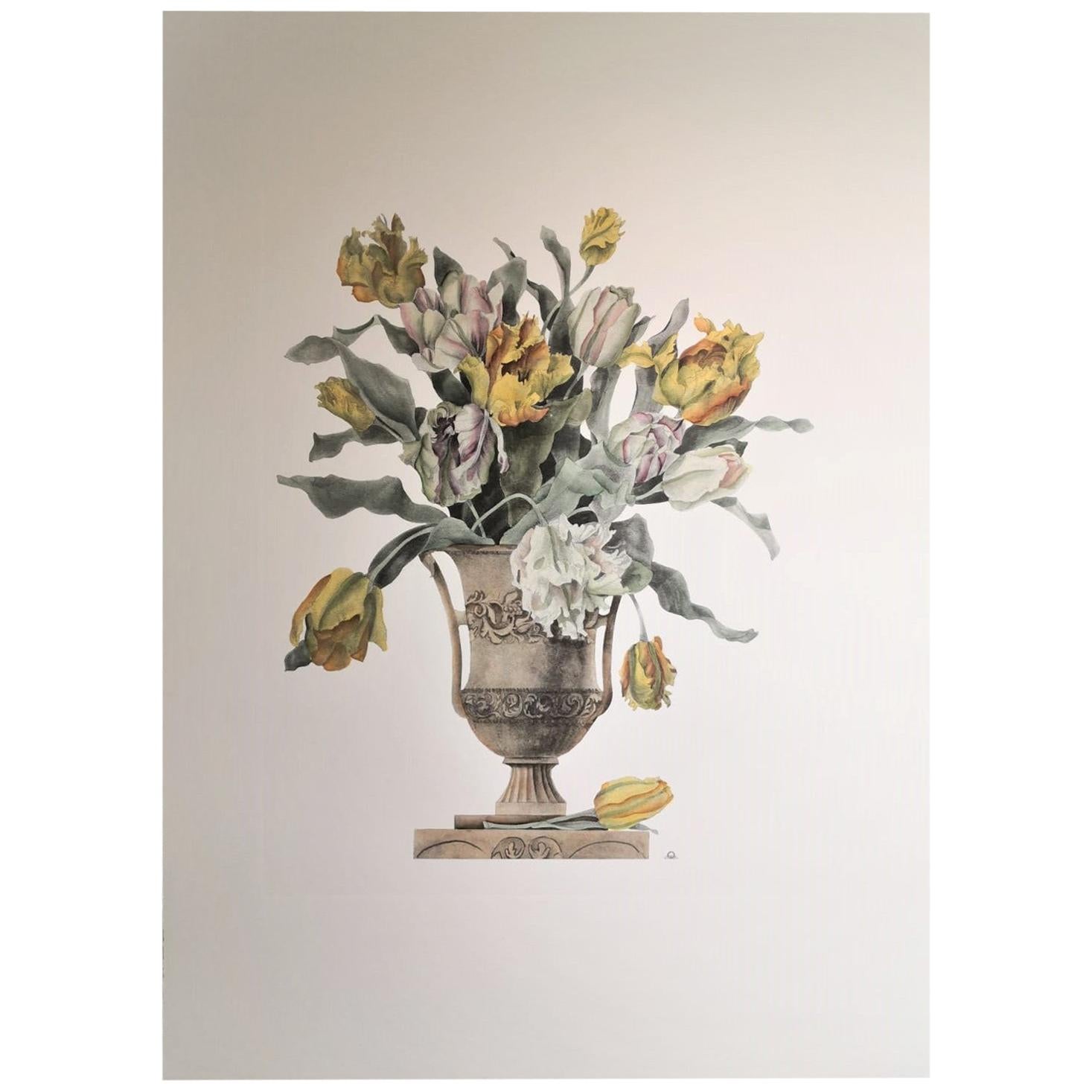 Vase italien contemporain peint à la main en jaune et blanc avec grand imprimé de tulipes