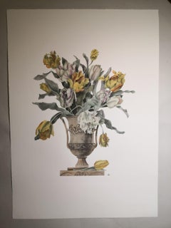 Italian Contemporary Hand Painted Yellow and White Tulips Vase Print