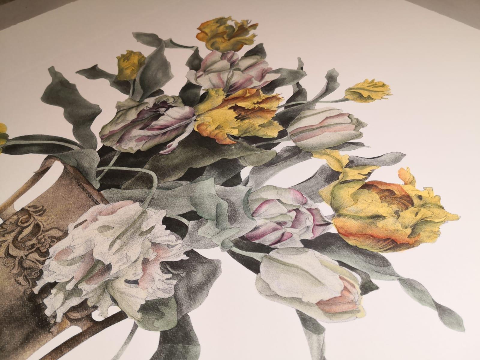 Vase italien contemporain peint à la main imprimé de tulipes jaunes et blanches Neuf - En vente à Scandicci, Florence
