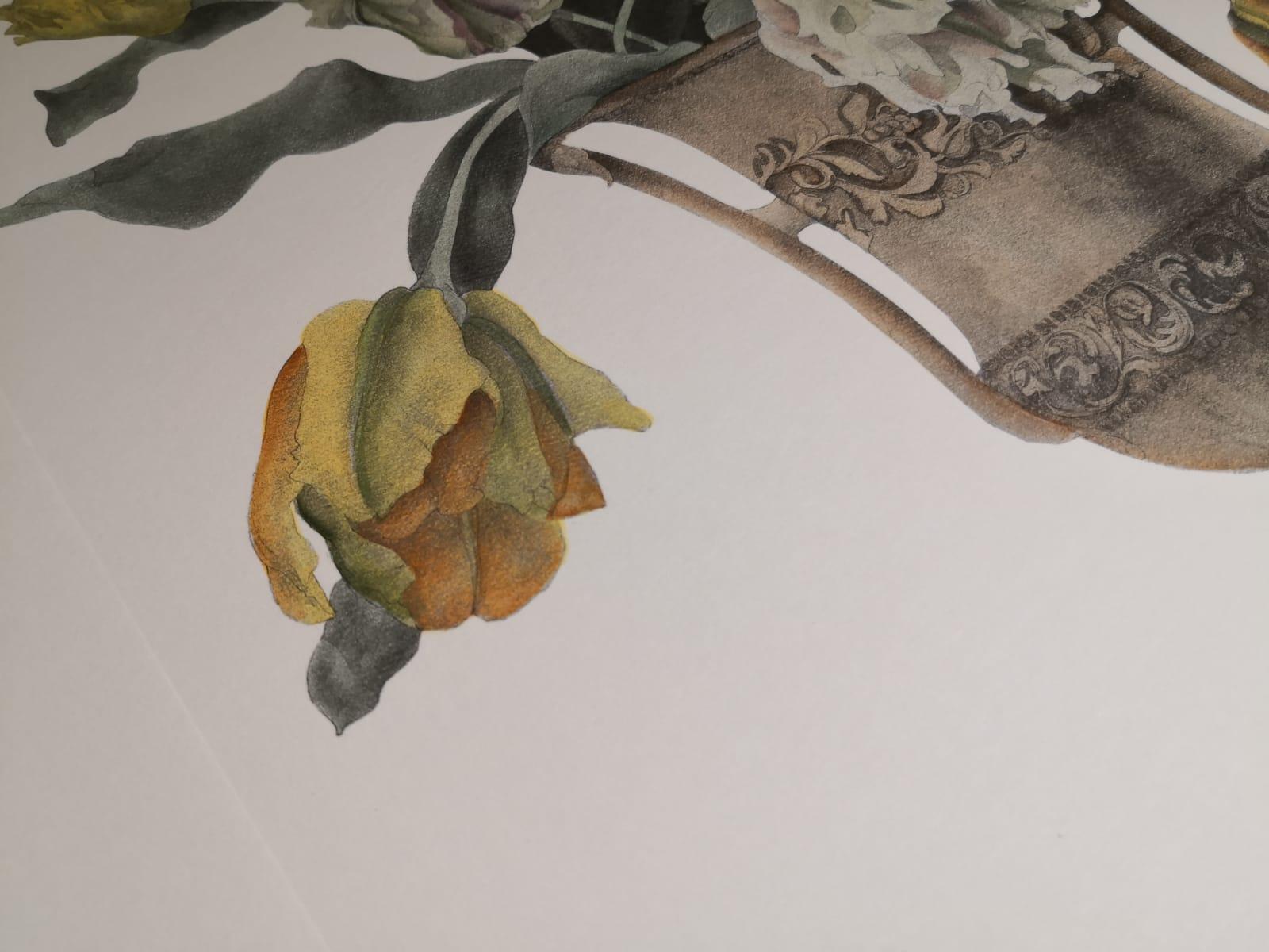 XXIe siècle et contemporain Vase italien contemporain peint à la main imprimé de tulipes jaunes et blanches en vente