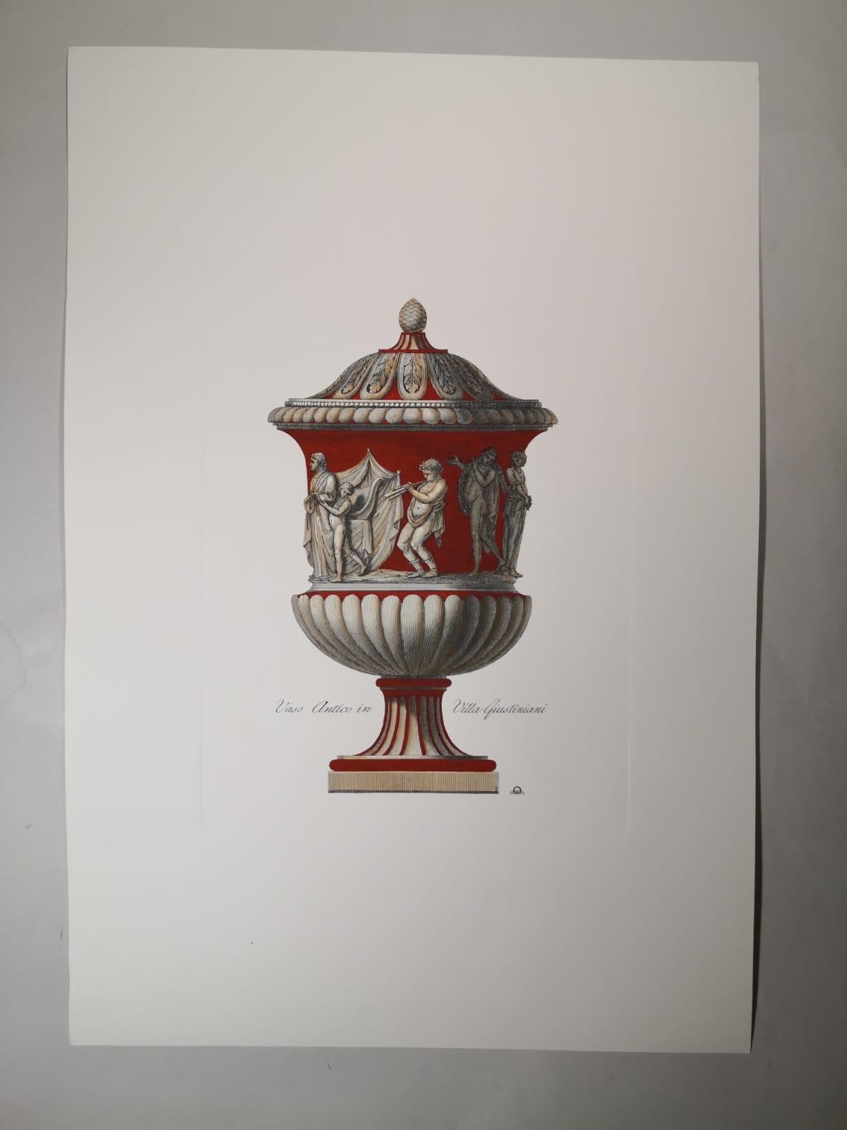 Series of two prints representing 2 different ancient Italian vases of Villa Giustiniani. It is printed with an antique press and colored by our best local artist sans.
With an experience of over 40 years, Artecornici design create high quality
